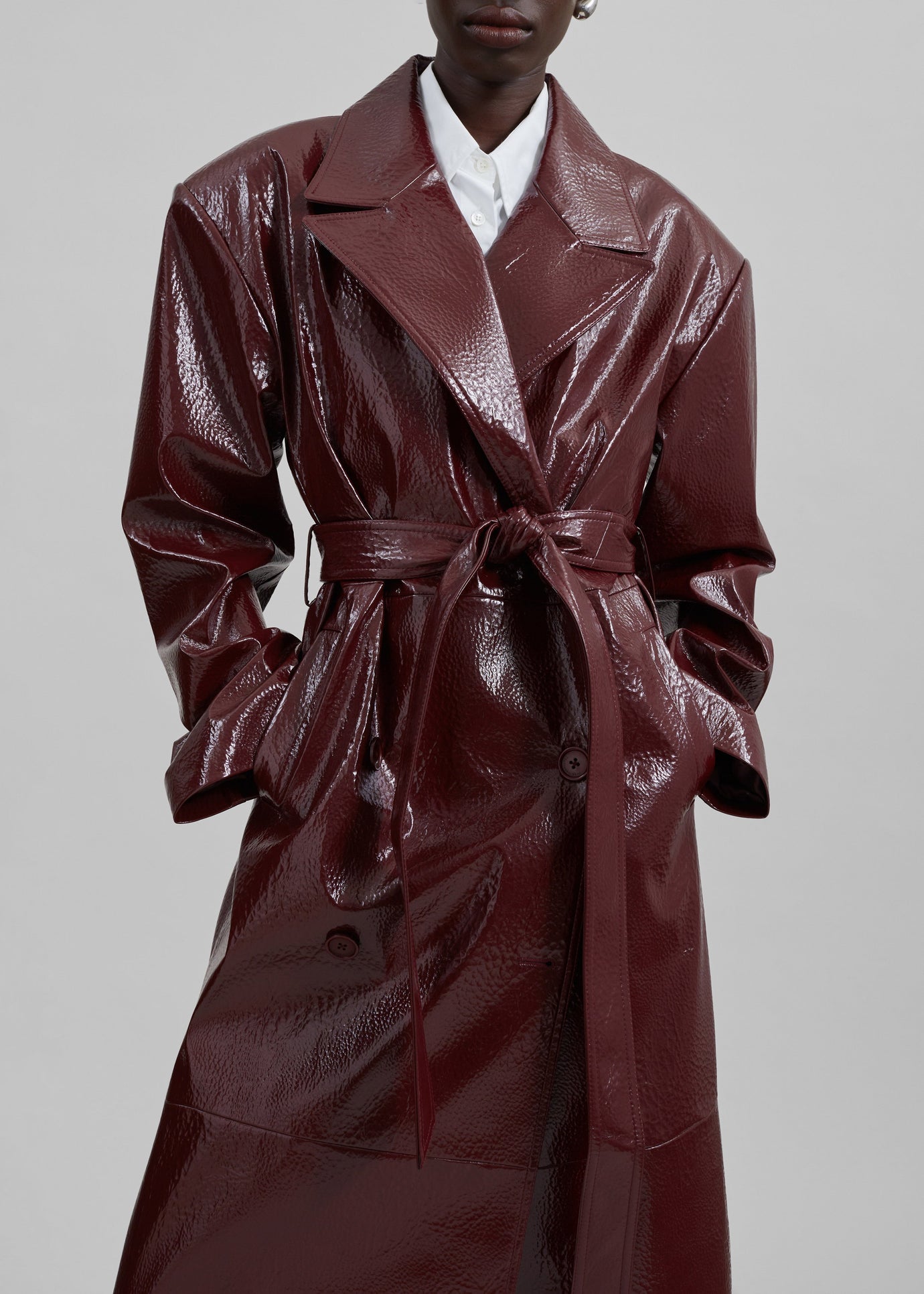 Tina Crackled Faux Leather Trench Coat - Burgundy - 1