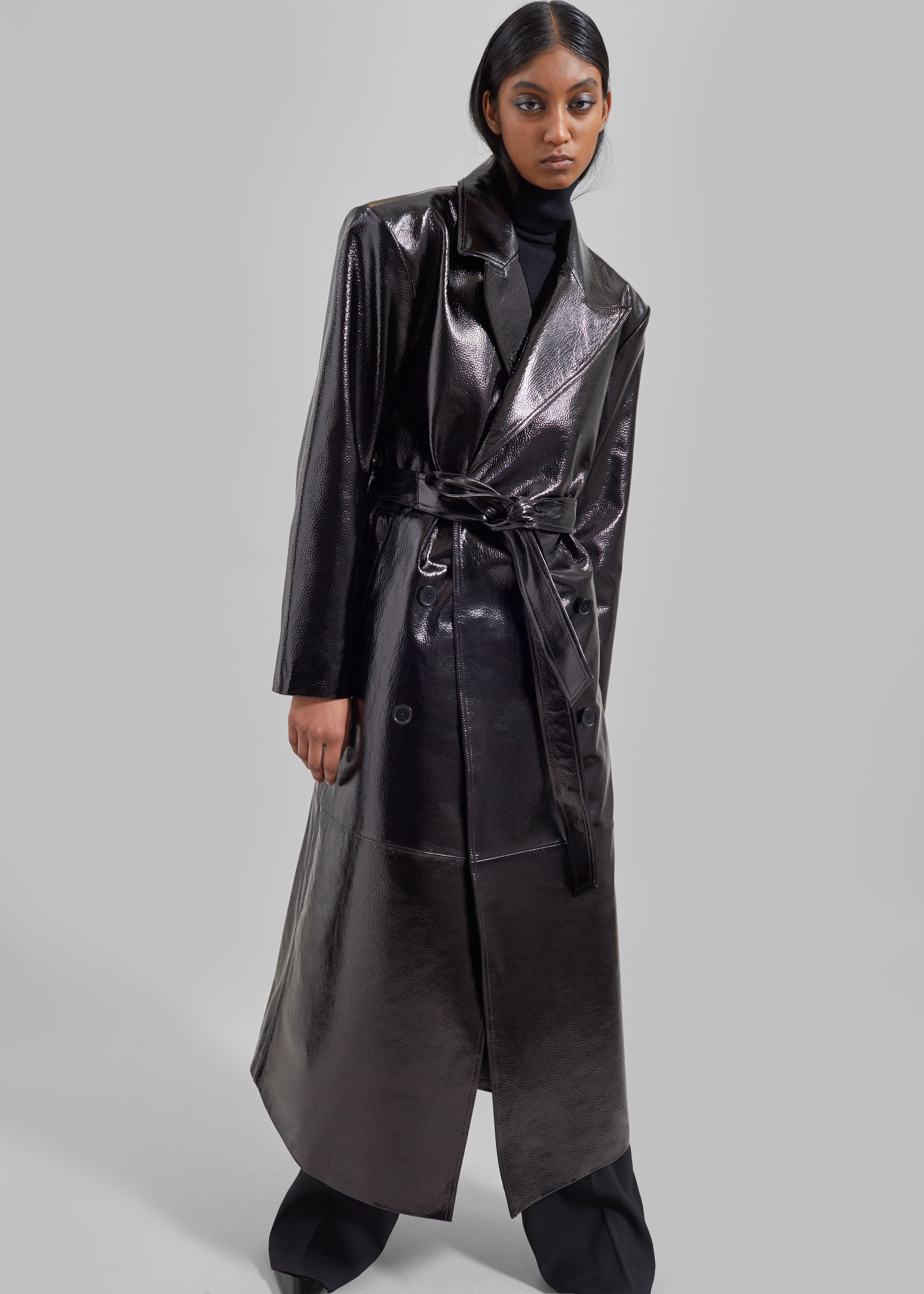 Tina Crackled Faux Leather Trench Coat - Black - 3