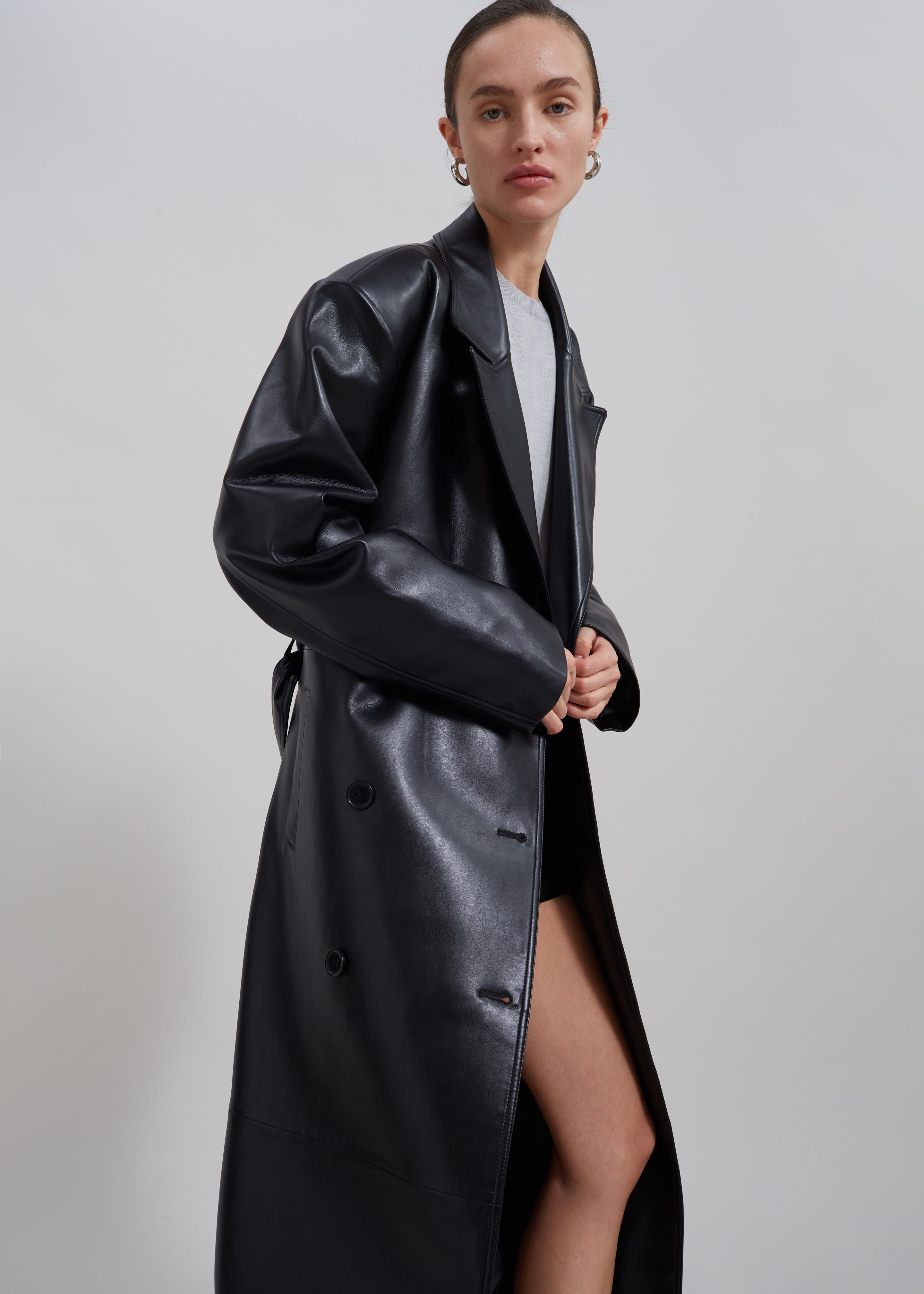 Tina Faux Leather Trench Coat - Black - 5