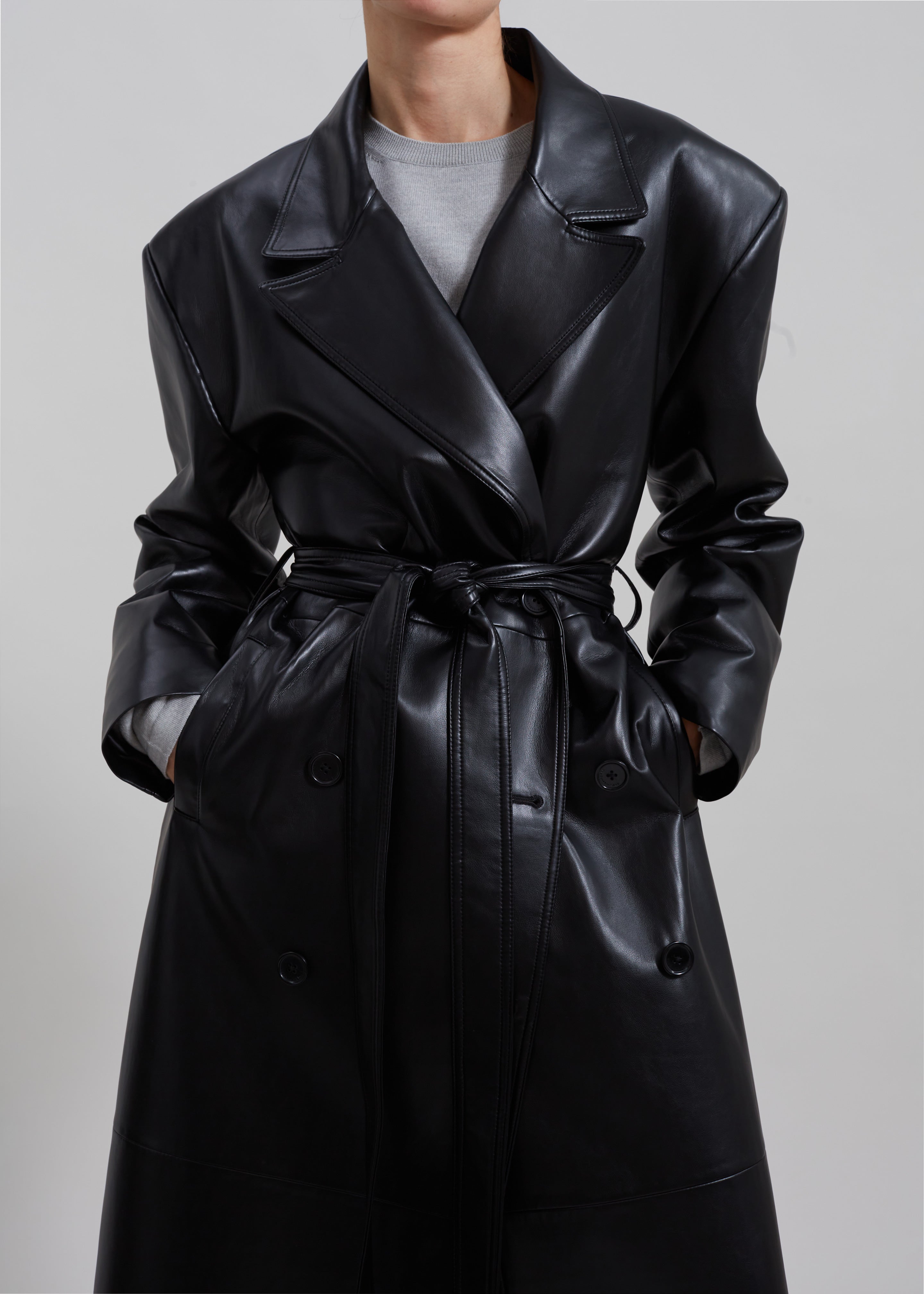 Tina Faux Leather Trench Coat - Black - 4