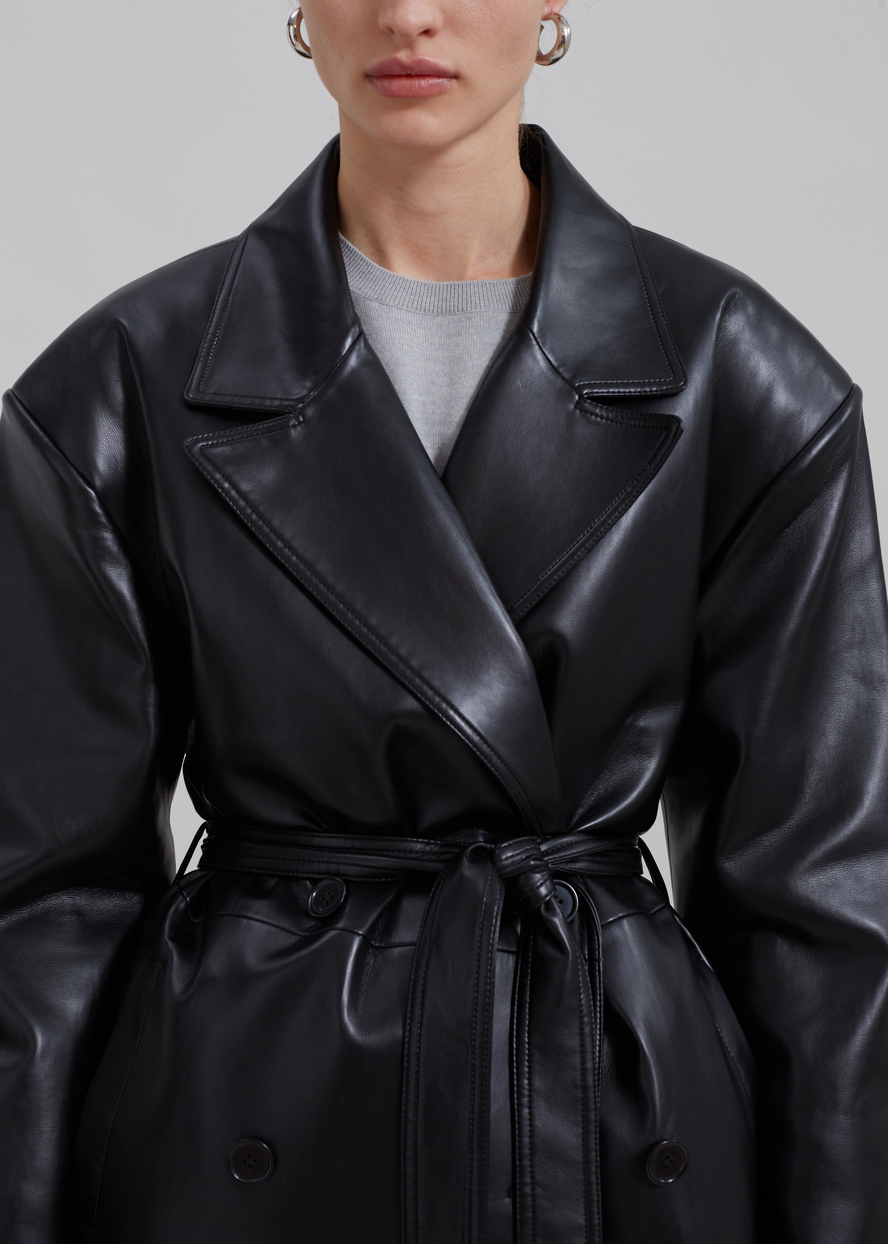 Tina Faux Leather Trench Coat - Black - 8