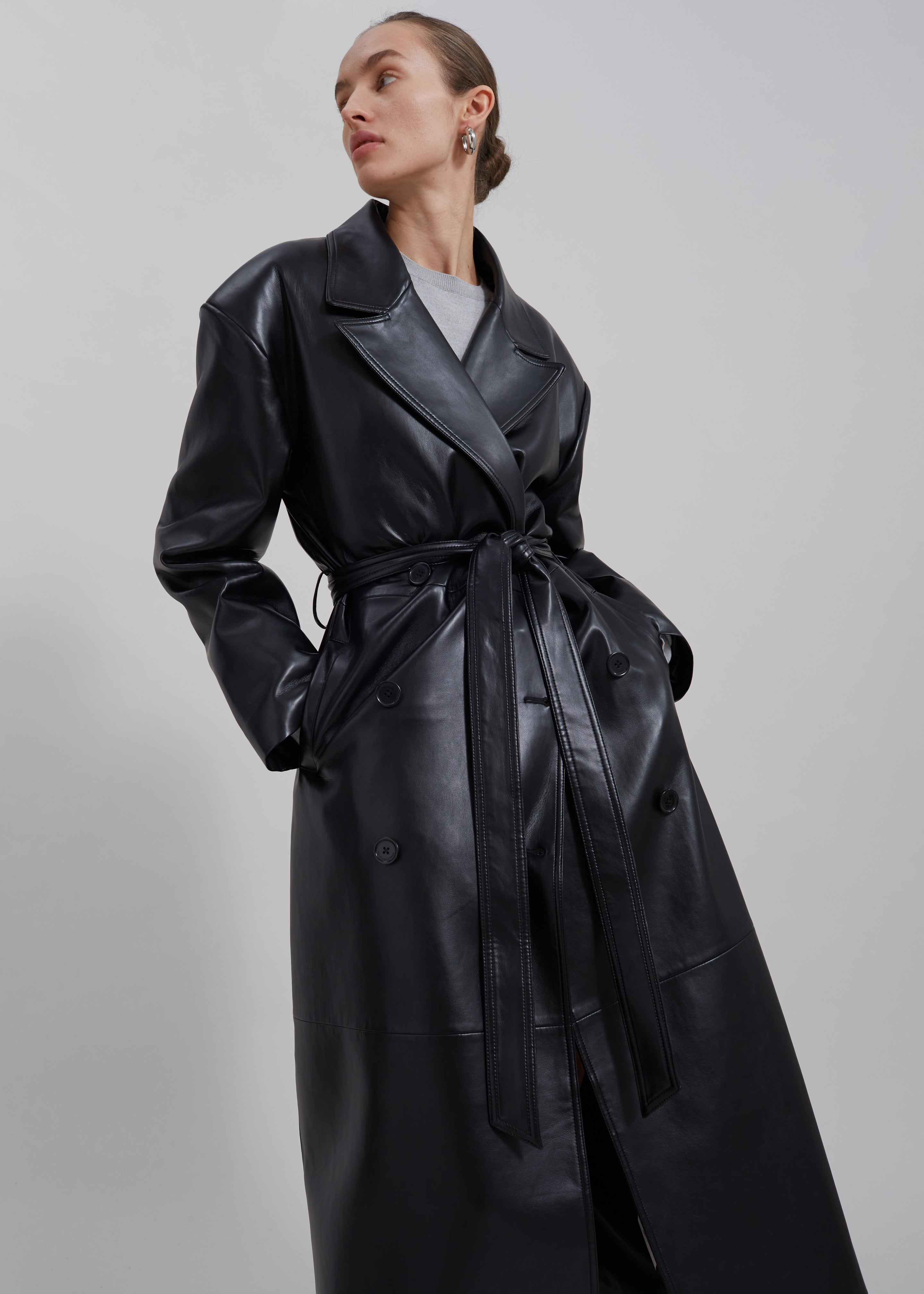Tina Faux Leather Trench Coat - Black - 3