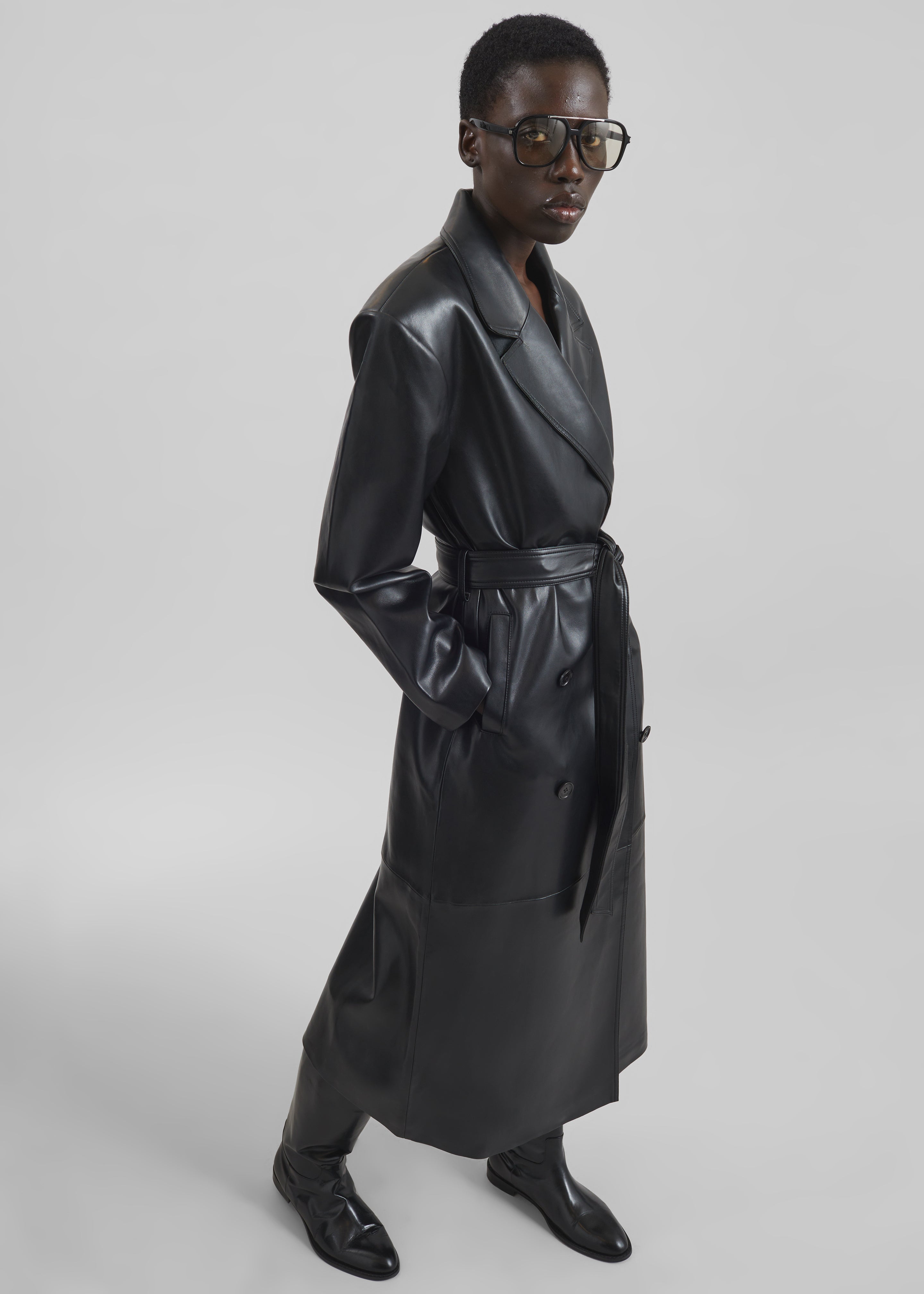 Tina Faux Leather Trench Coat - Black - 11