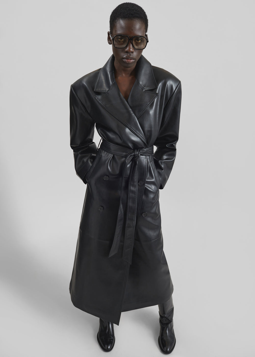 Tina Faux Leather Trench Coat - Black