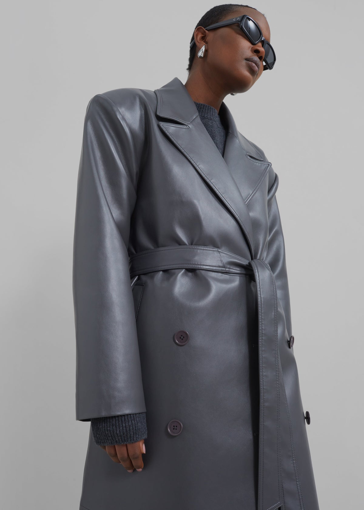 Tina Faux Leather Trench Coat - Grey - 3