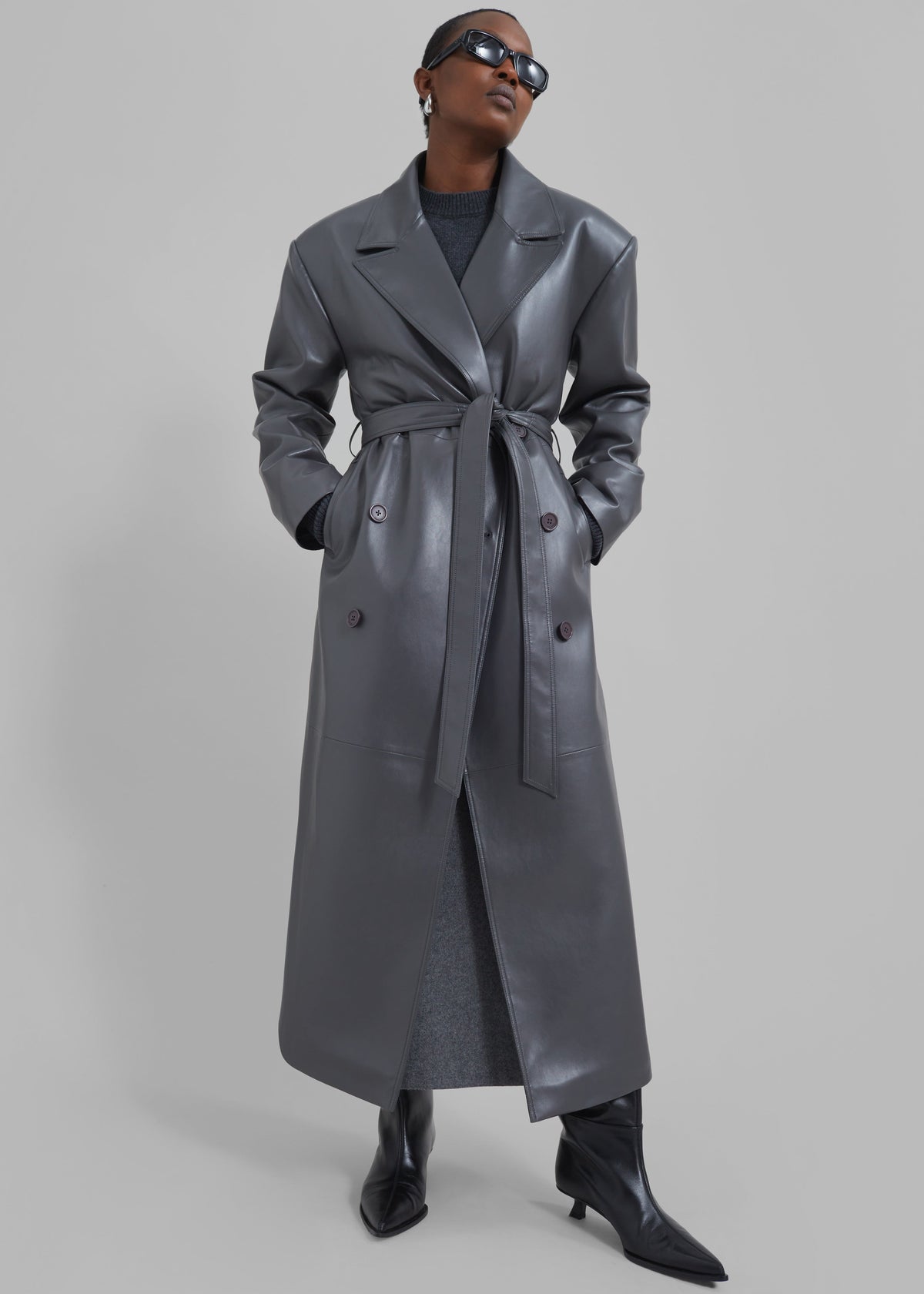 Tina Faux Leather Trench Coat - Grey - 1