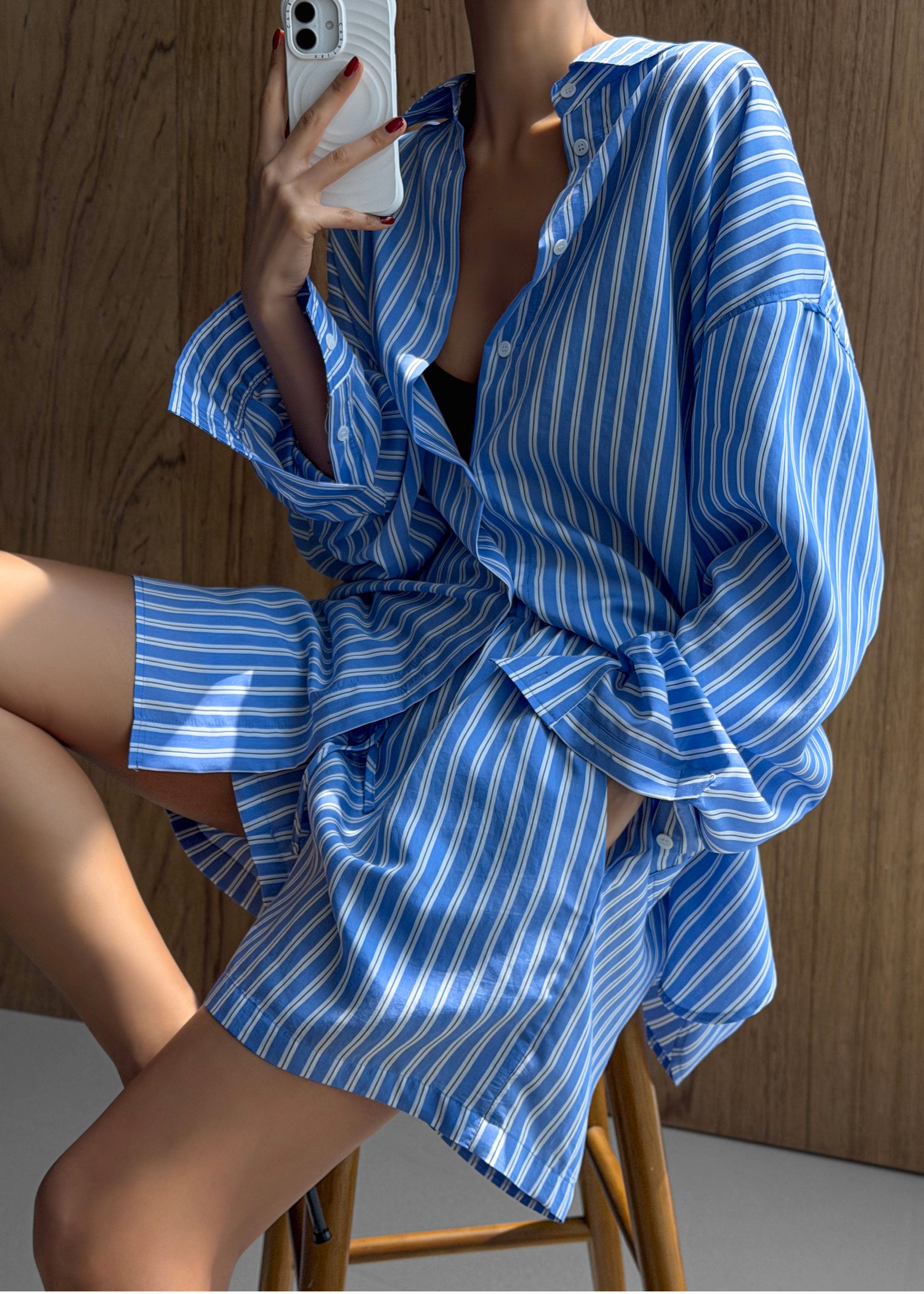 Toscane Oversized Shirt - Blue/White Stripe - 1