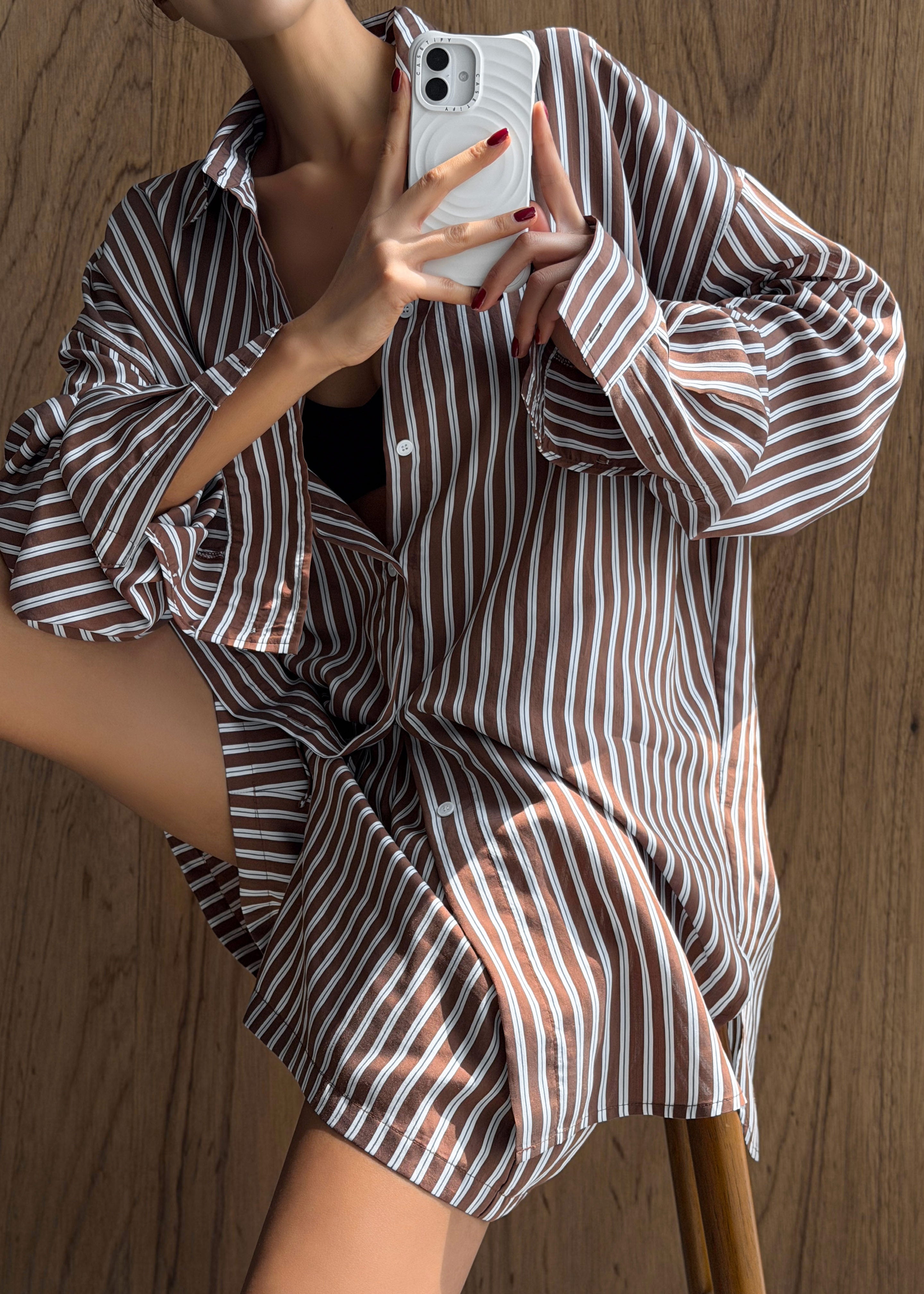 Toscane Oversized Shirt - Brown/White Stripe - 9
