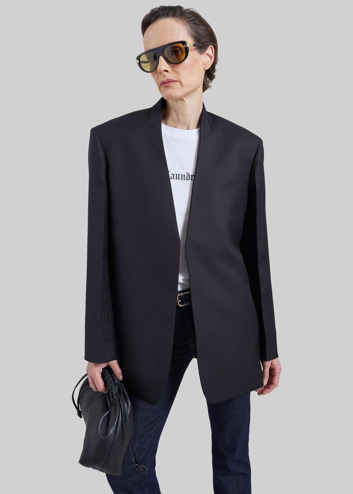 Blazer Trevis con motivo a chevron senza colletto - Nero