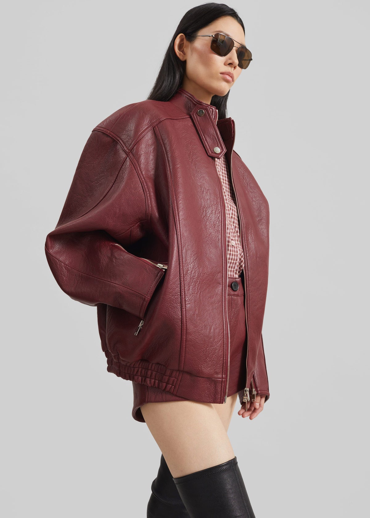 Troye Faux Leather Bomber Jacket - Burgundy - 6