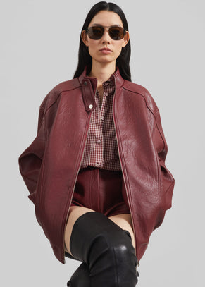 Troye Faux Leather Bomber Jacket - Burgundy