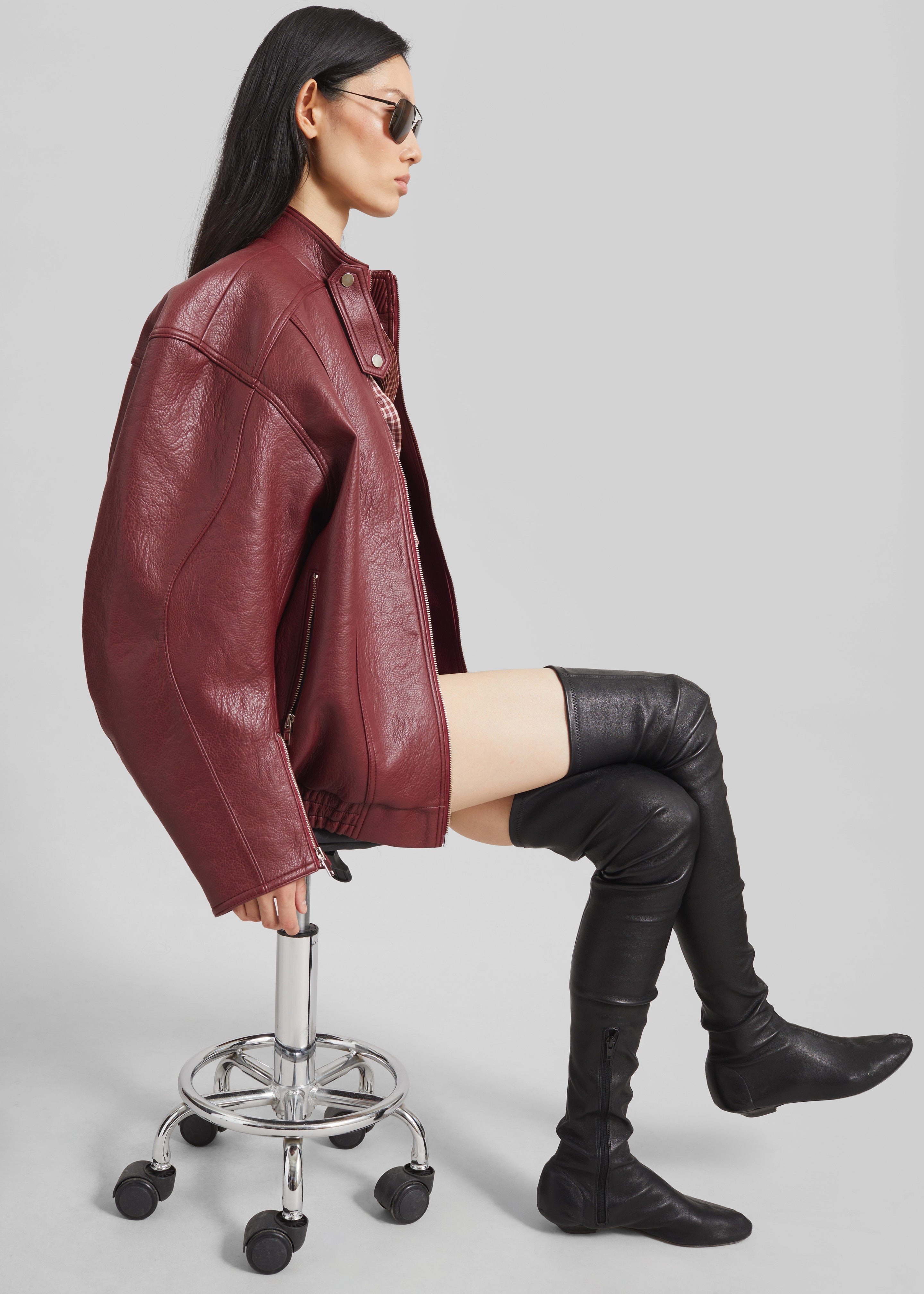 Troye Faux Leather Bomber Jacket - Burgundy - 5