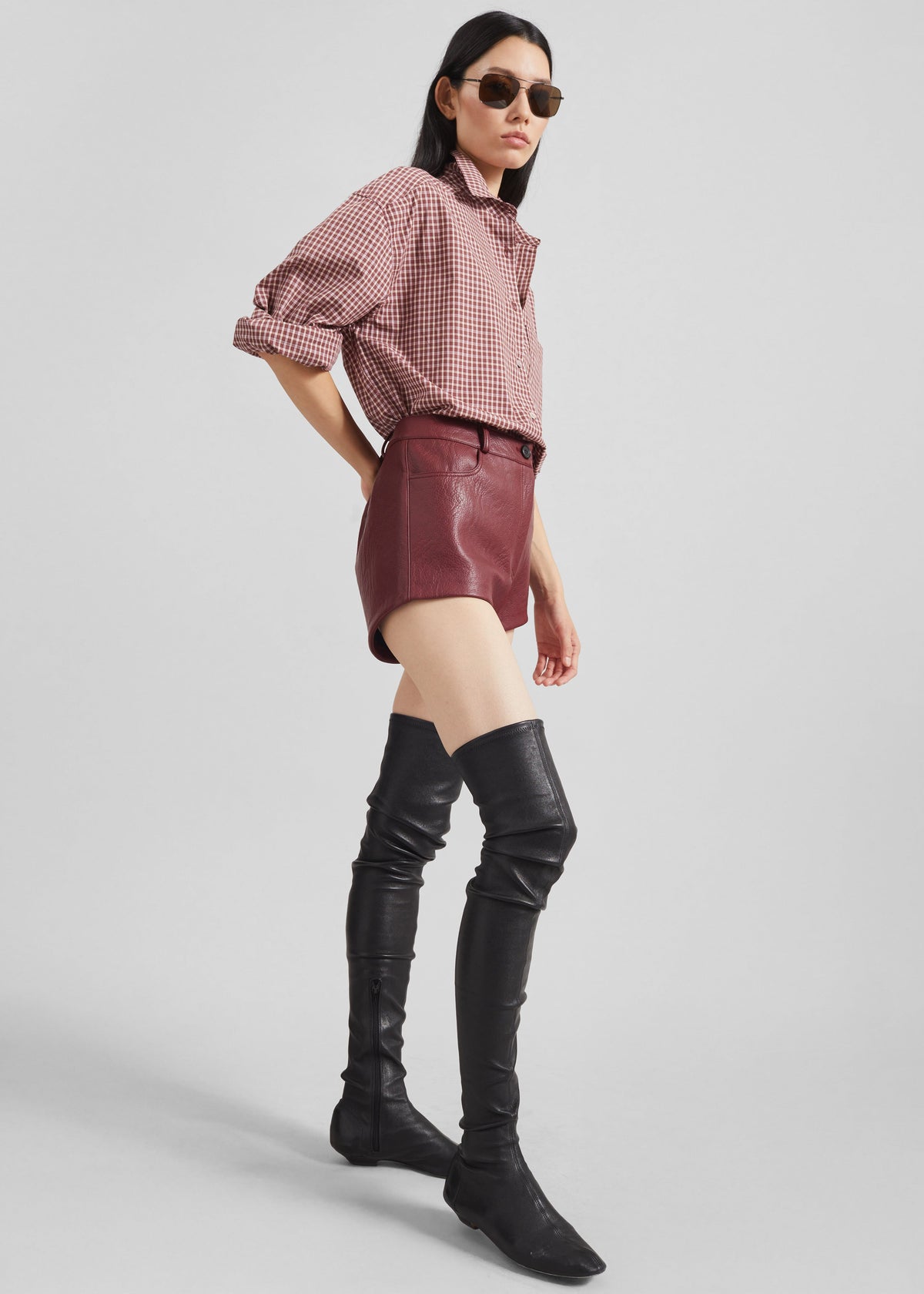Troye Faux Leather Hot Pants - Burgundy - 5