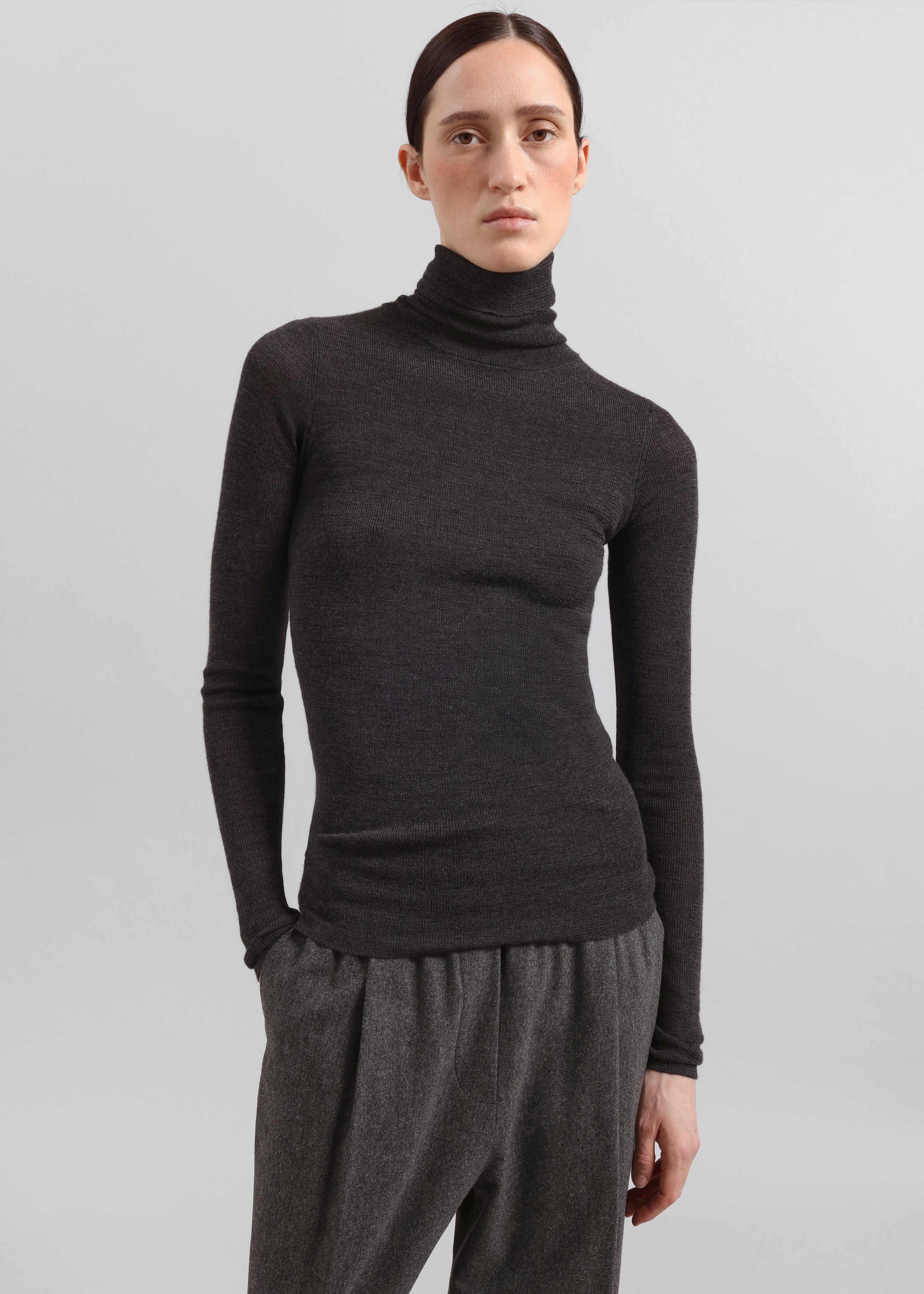 Utica Thin Turtleneck Sweater - Dark Grey Melange - 2
