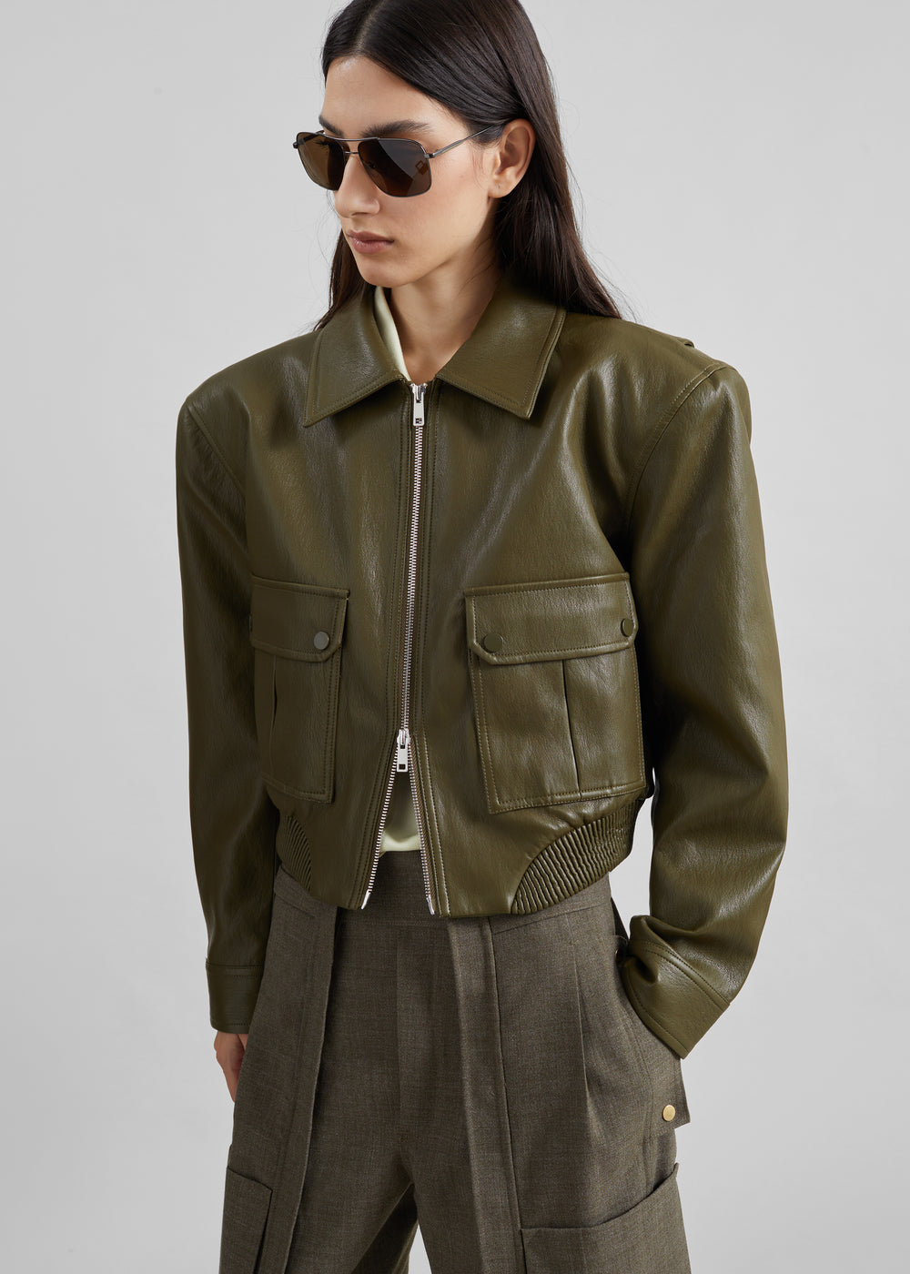 Val Faux Leather Padded Jacket - Army Green - 1