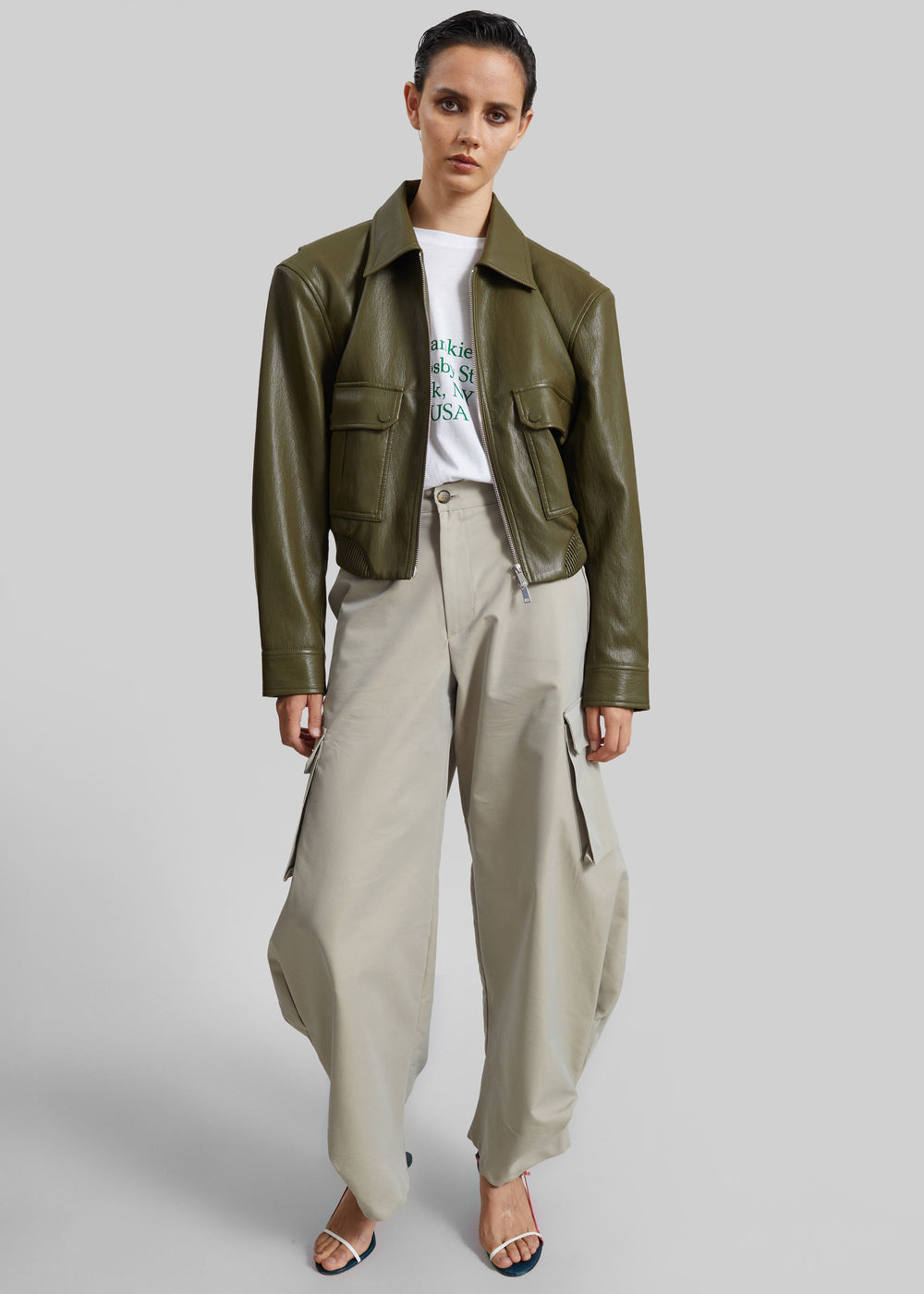 Val Faux Leather Padded Jacket - Army Green - 1
