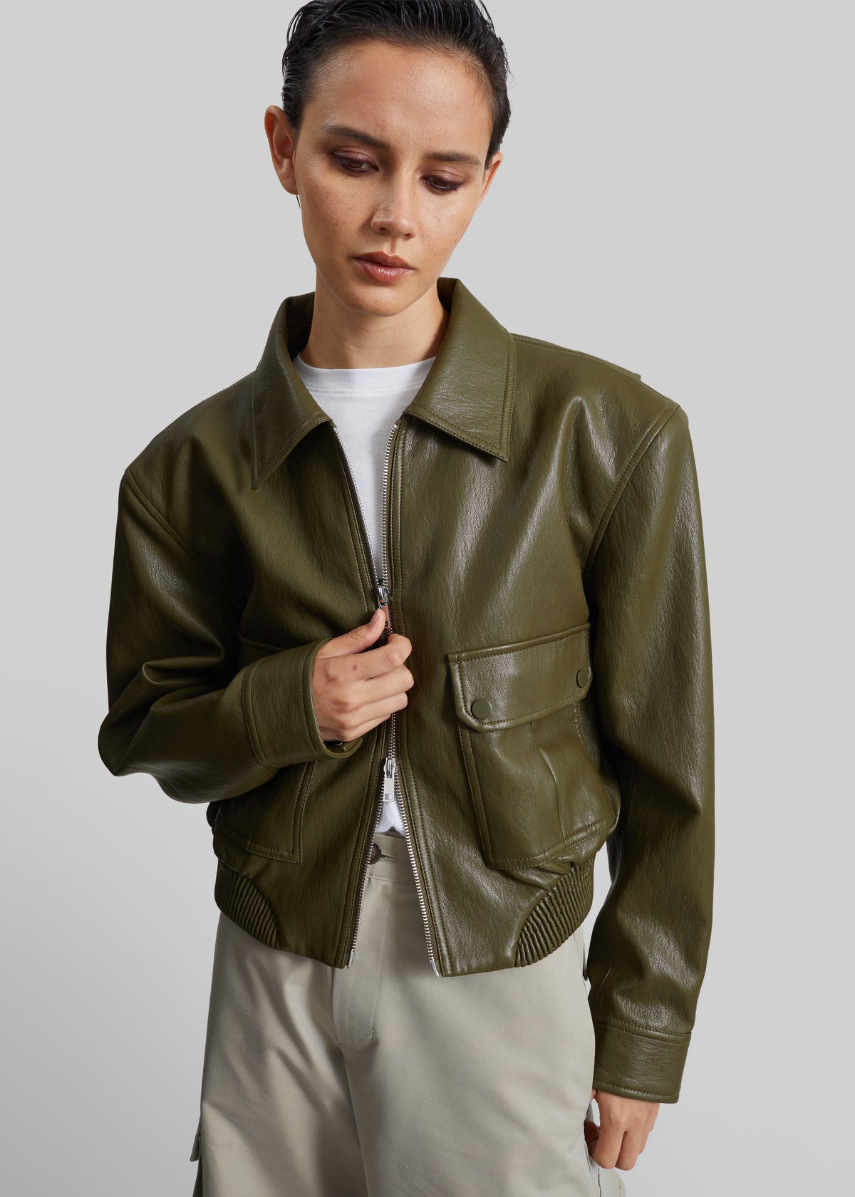 Val Faux Leather Padded Jacket - Army Green - 1