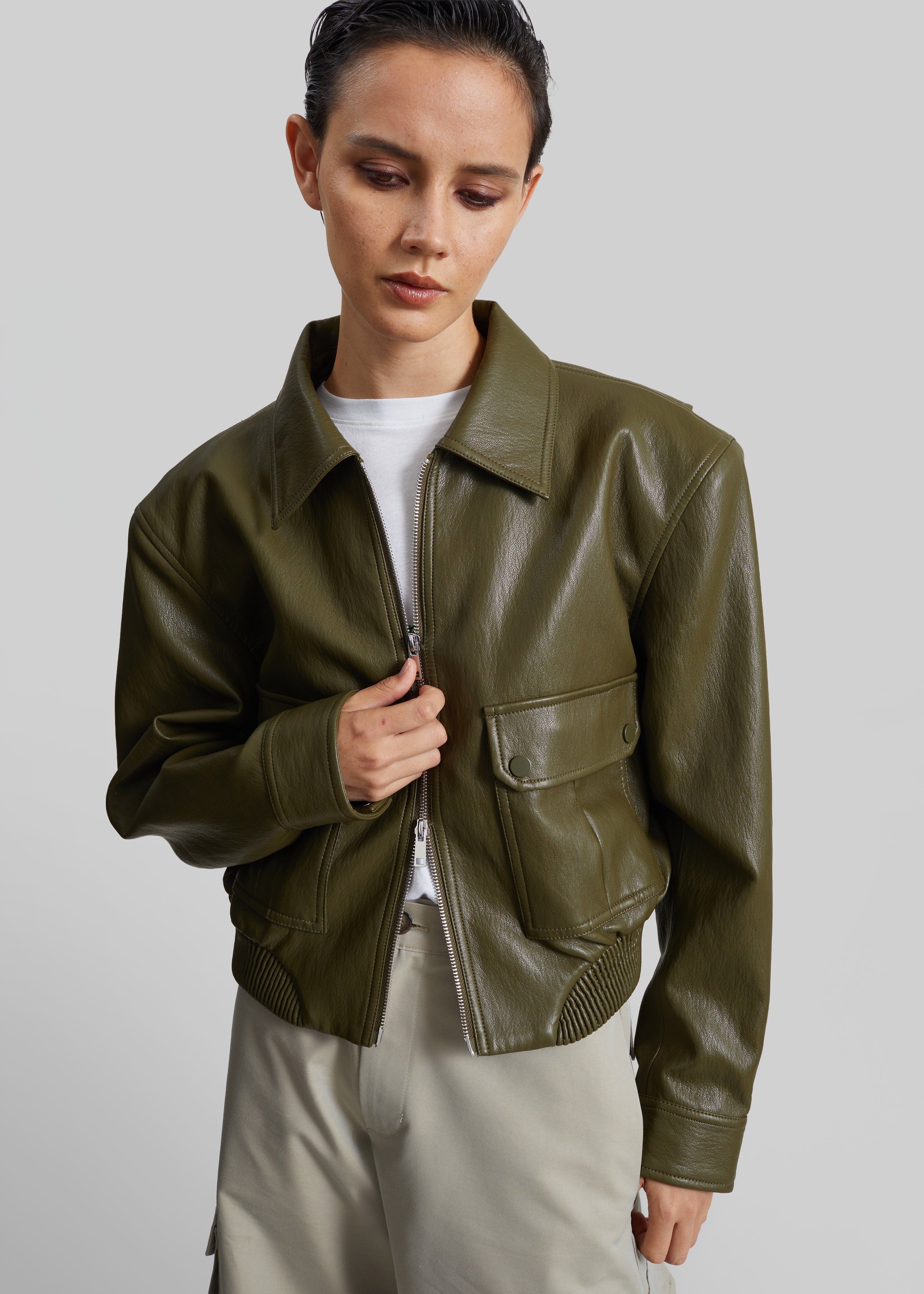 Val Faux Leather Padded Jacket - Army Green - 1