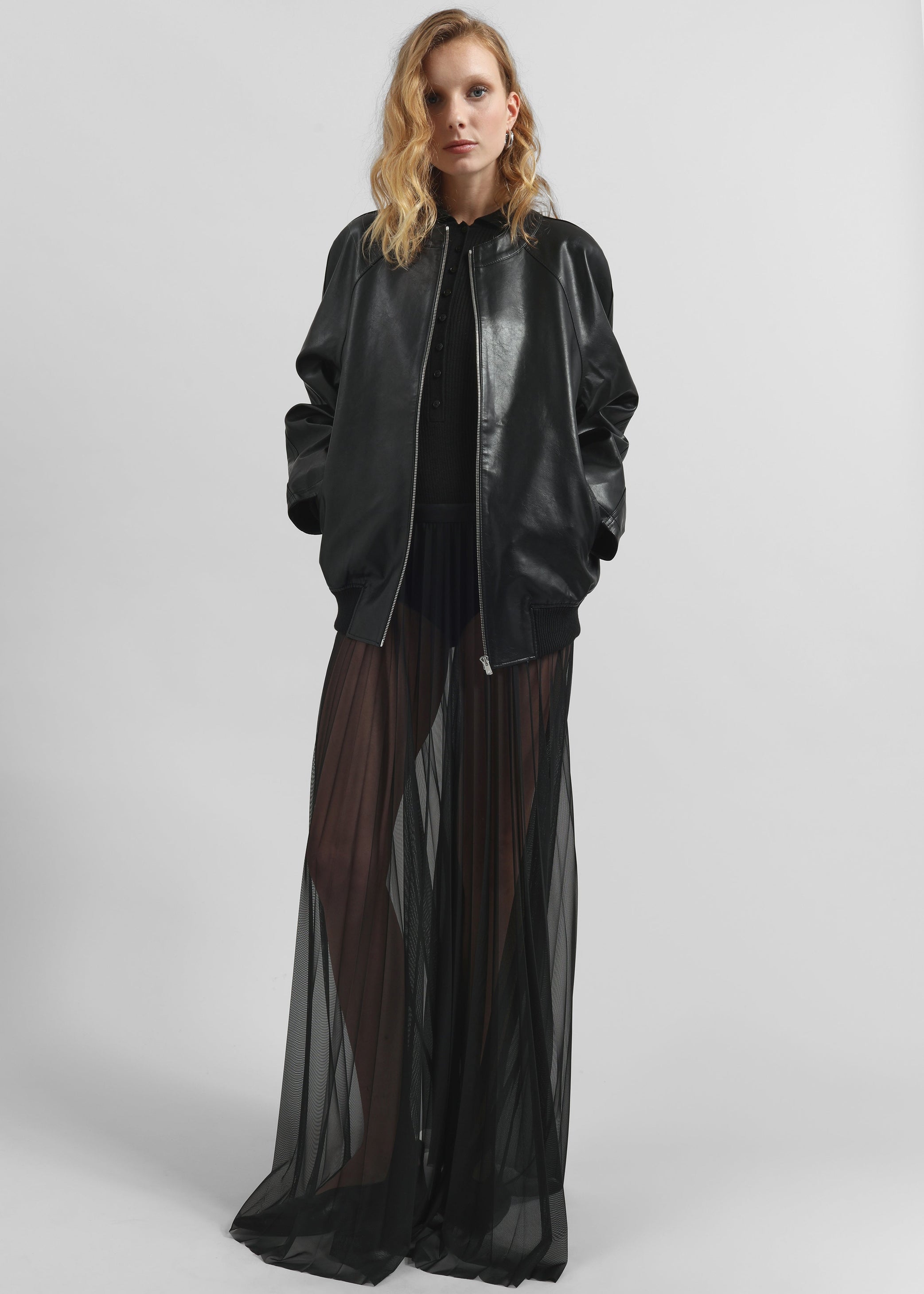 Shop the look image for Vallen Pleated Mesh Maxi Skirt - Black