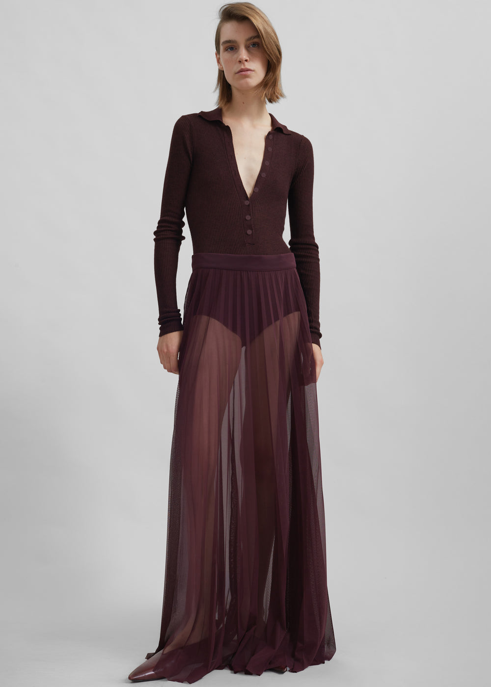 Vallen Pleated Mesh Maxi Skirt - Burgundy - 1