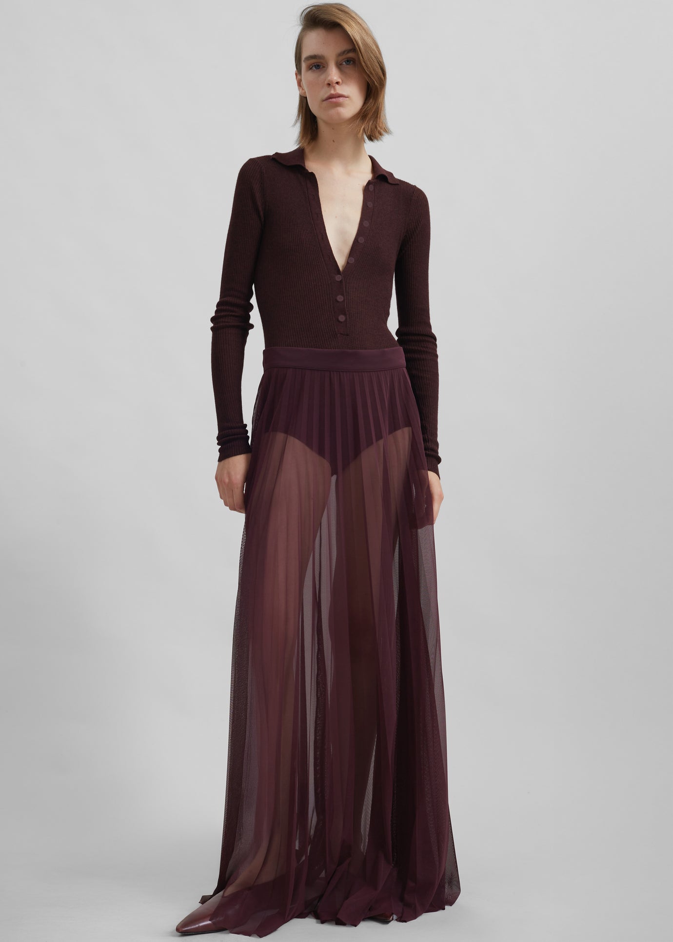 Vallen Pleated Mesh Maxi Skirt - Burgundy - 1