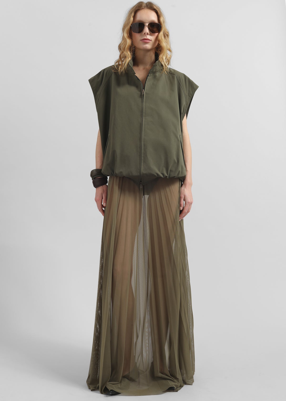 Vallen Pleated Mesh Maxi Skirt - Khaki - 5