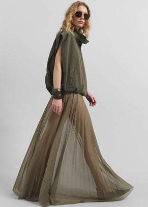 Vallen Pleated Mesh Maxi Skirt - Khaki