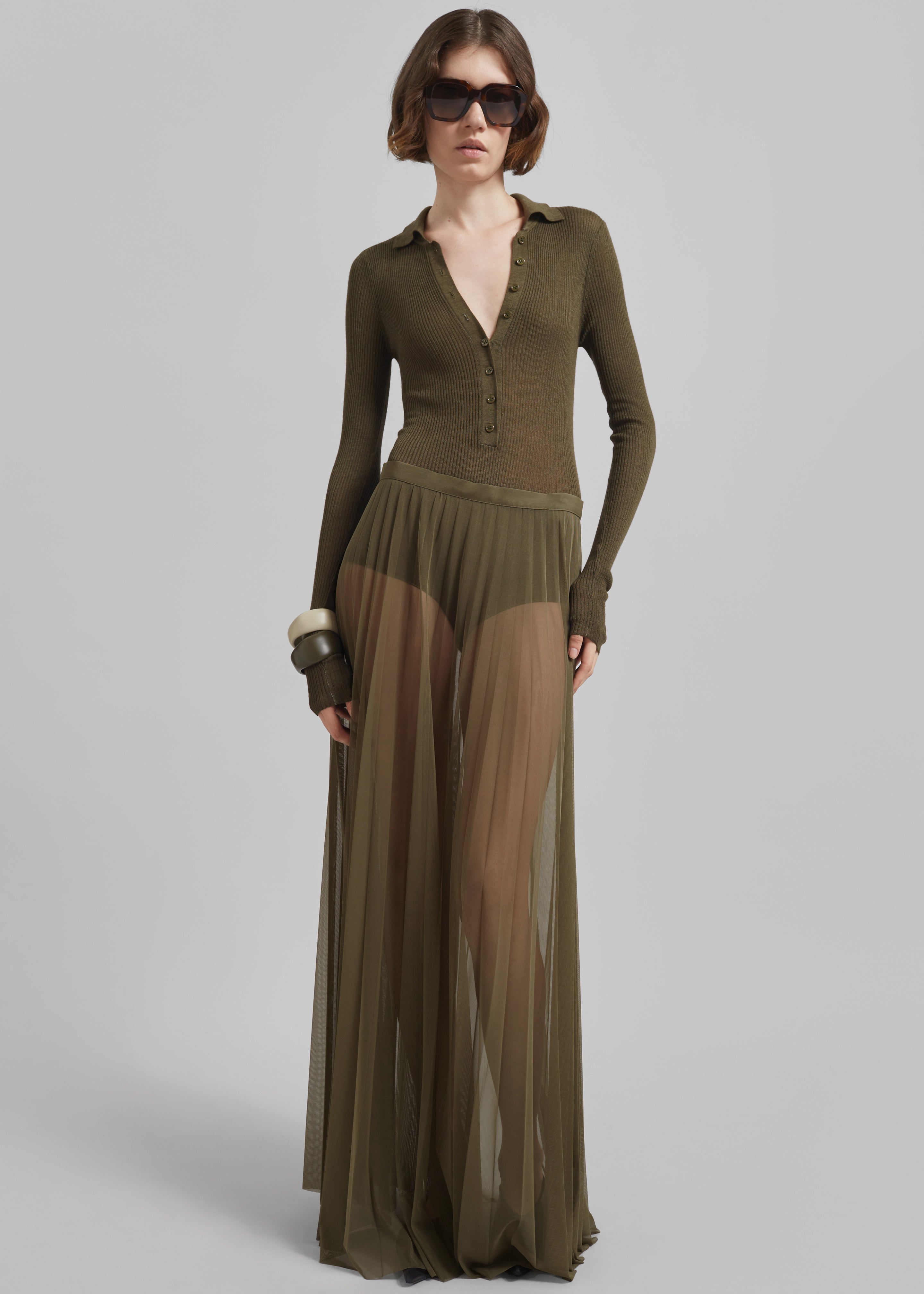 Vallen Pleated Mesh Maxi Skirt - Khaki - 9