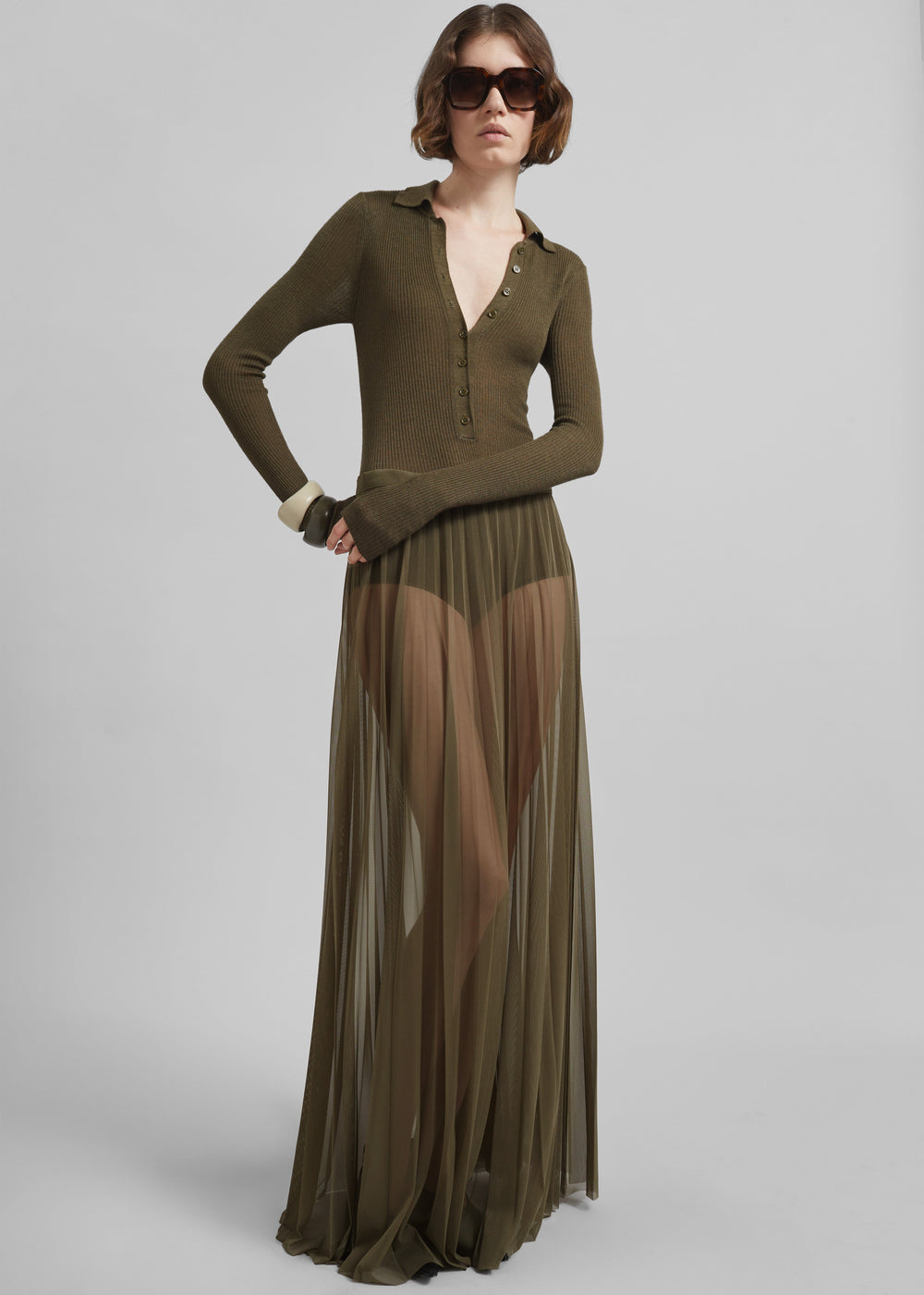 Vallen Pleated Mesh Maxi Skirt - Khaki