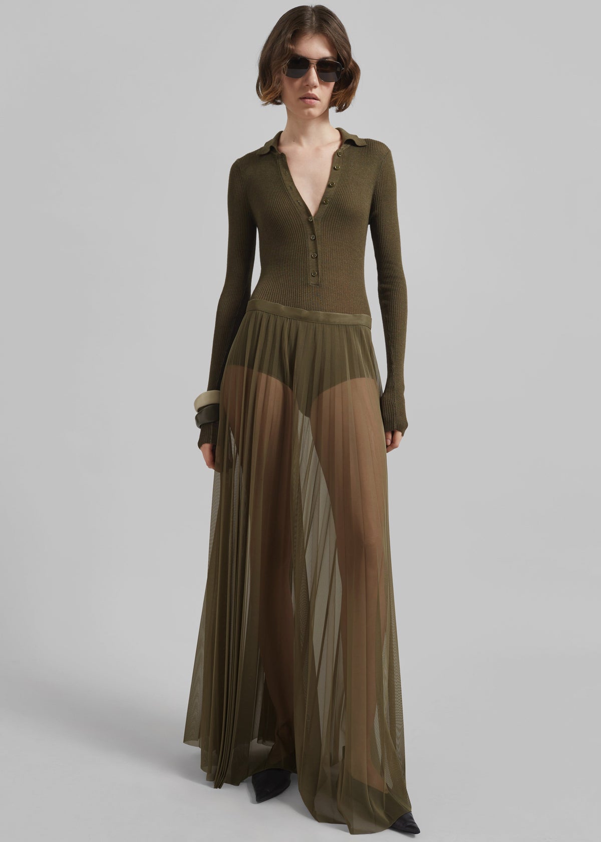 Vallen Pleated Mesh Maxi Skirt - Khaki - 7