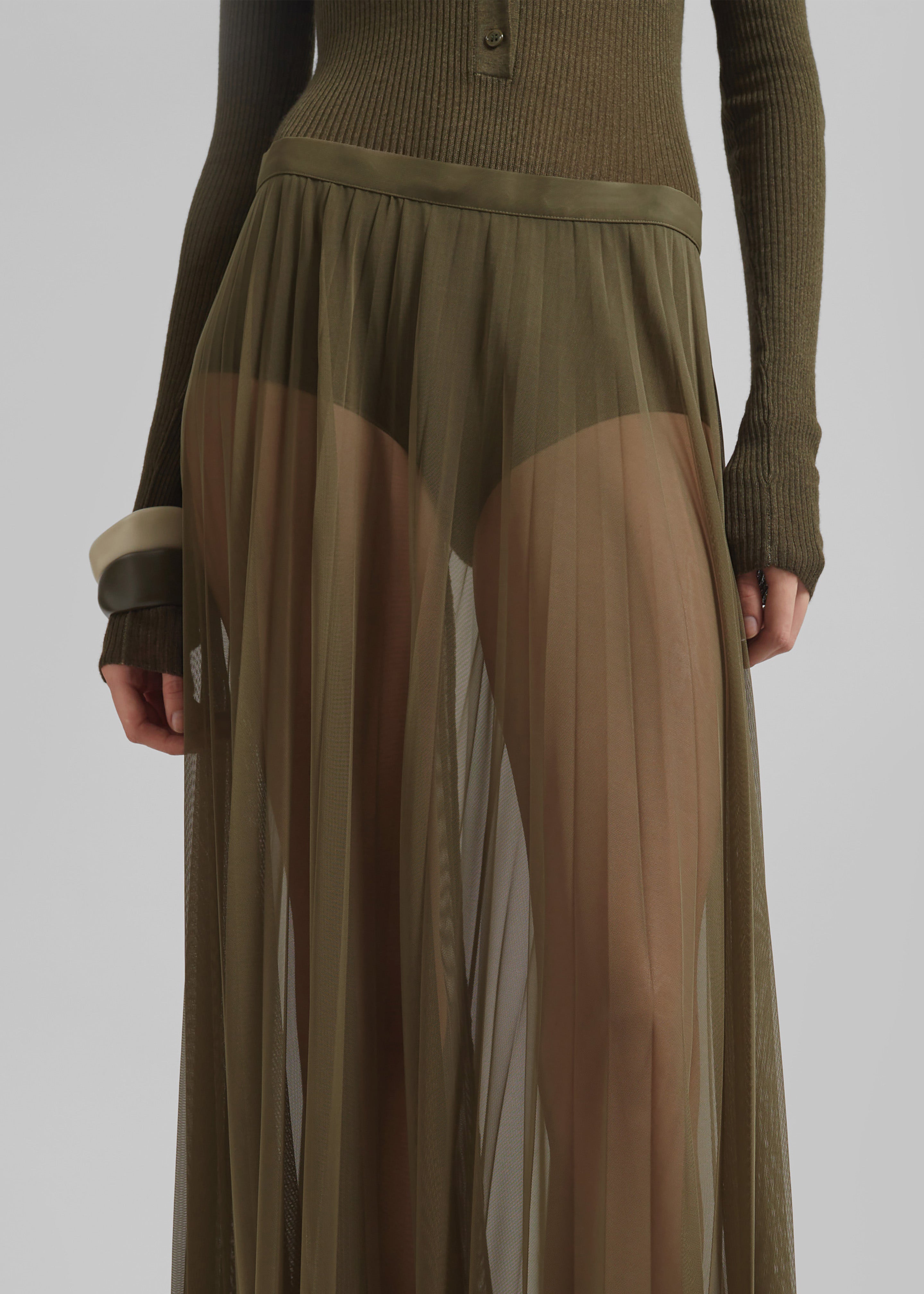 Vallen Pleated Mesh Maxi Skirt - Khaki - 3