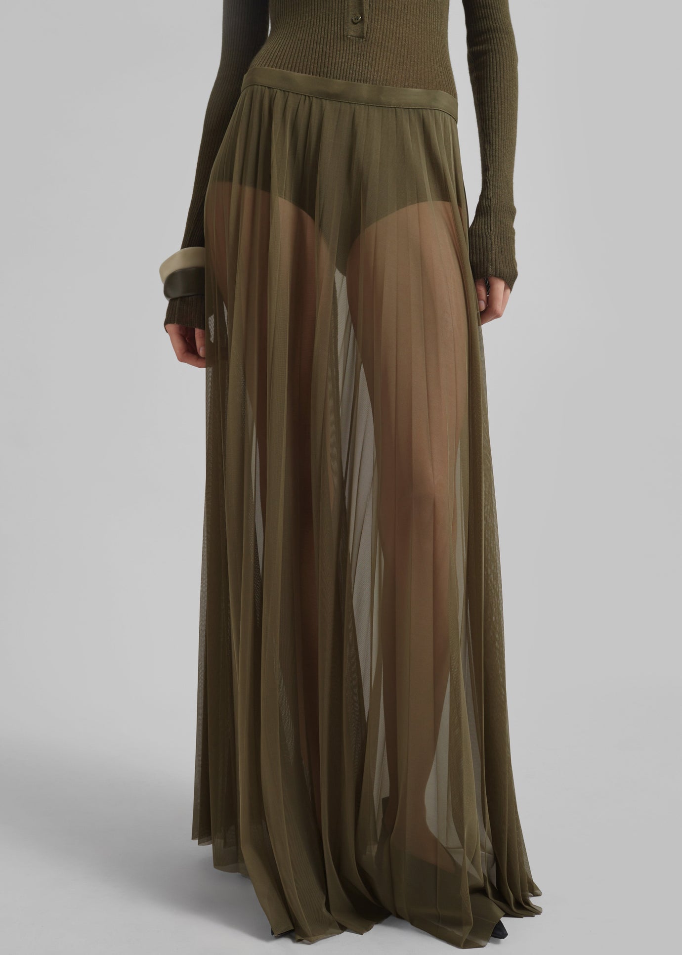 Vallen Pleated Mesh Maxi Skirt - Khaki - 1