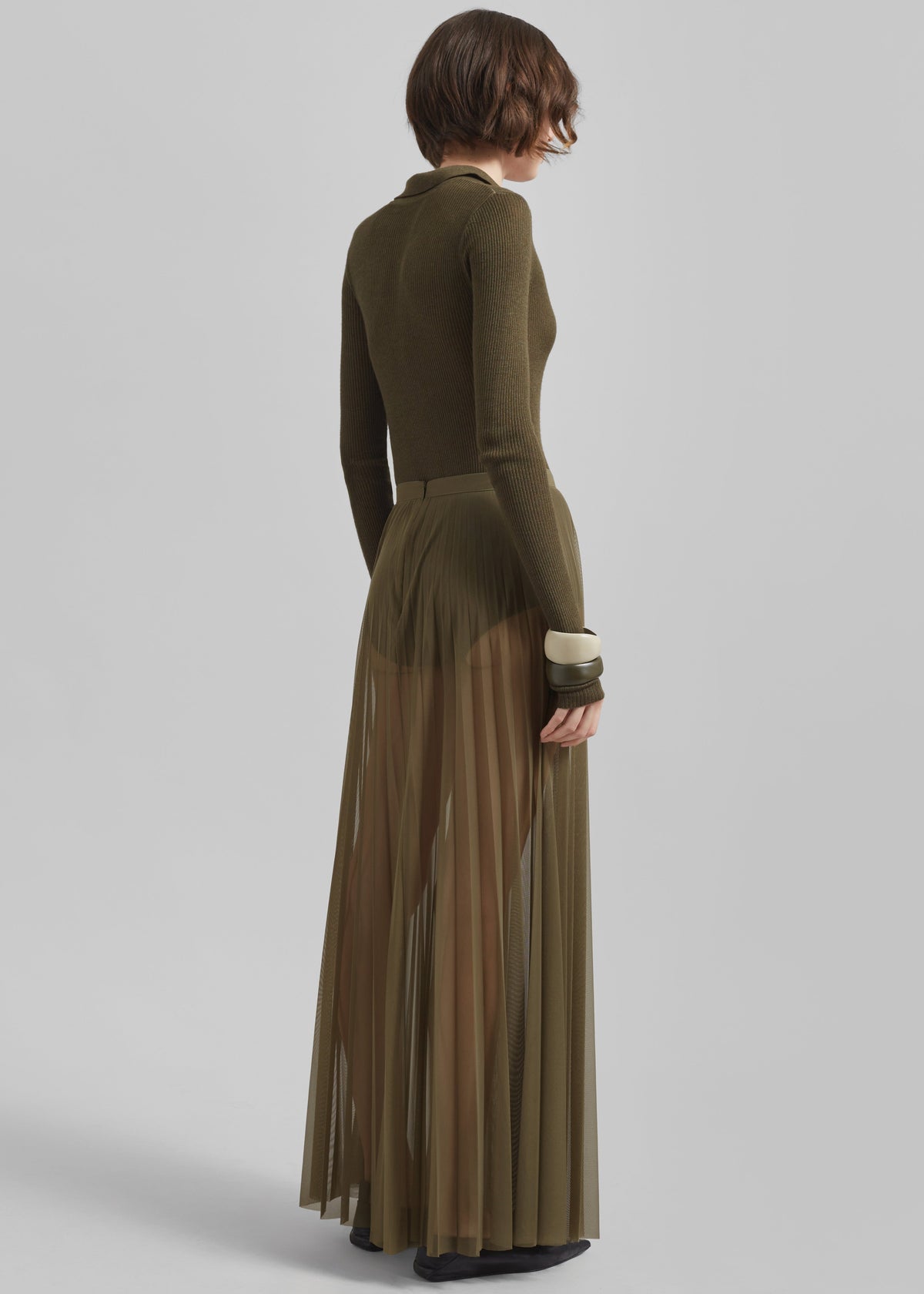 Vallen Pleated Mesh Maxi Skirt - Khaki - 11