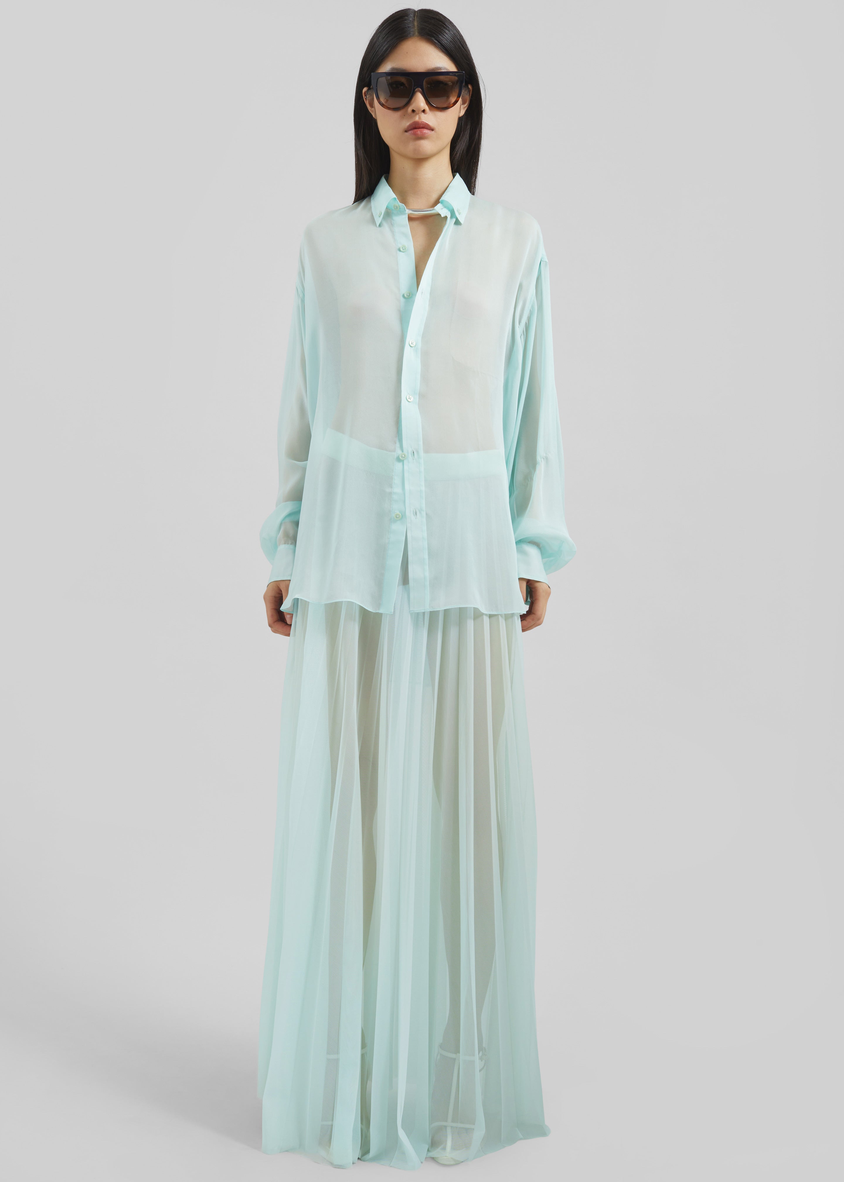 Vallen Pleated Mesh Maxi Skirt - Mint - 5