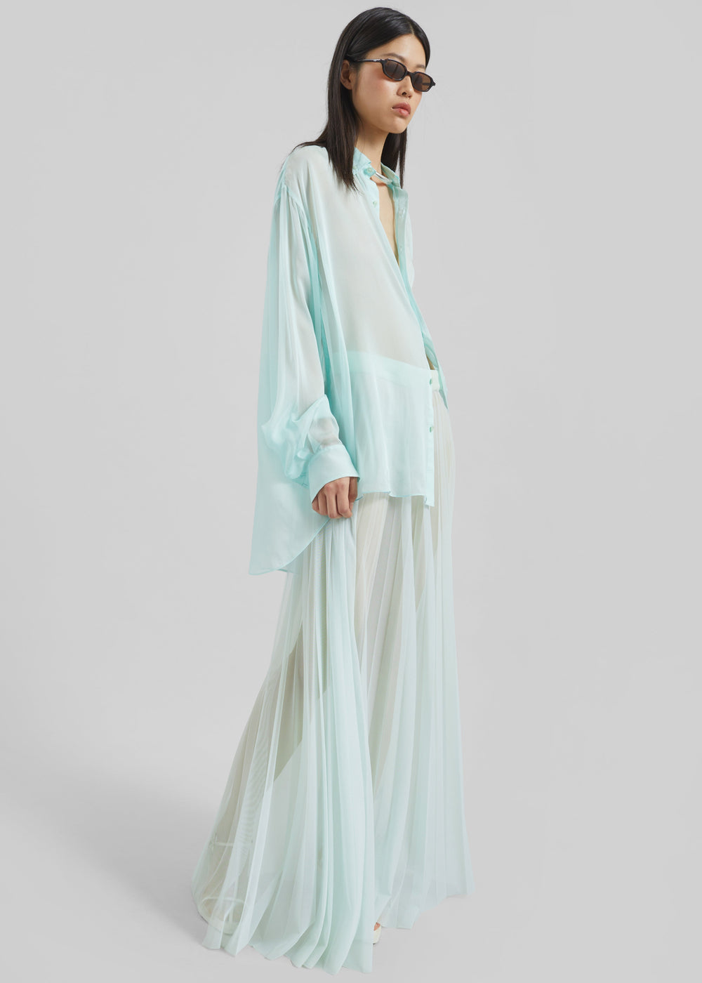 Vallen Pleated Mesh Maxi Skirt - Mint - 1