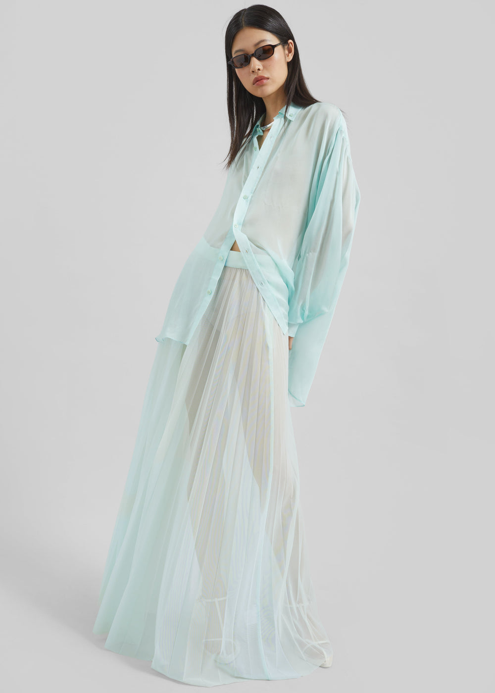 Vallen Pleated Mesh Maxi Skirt - Mint