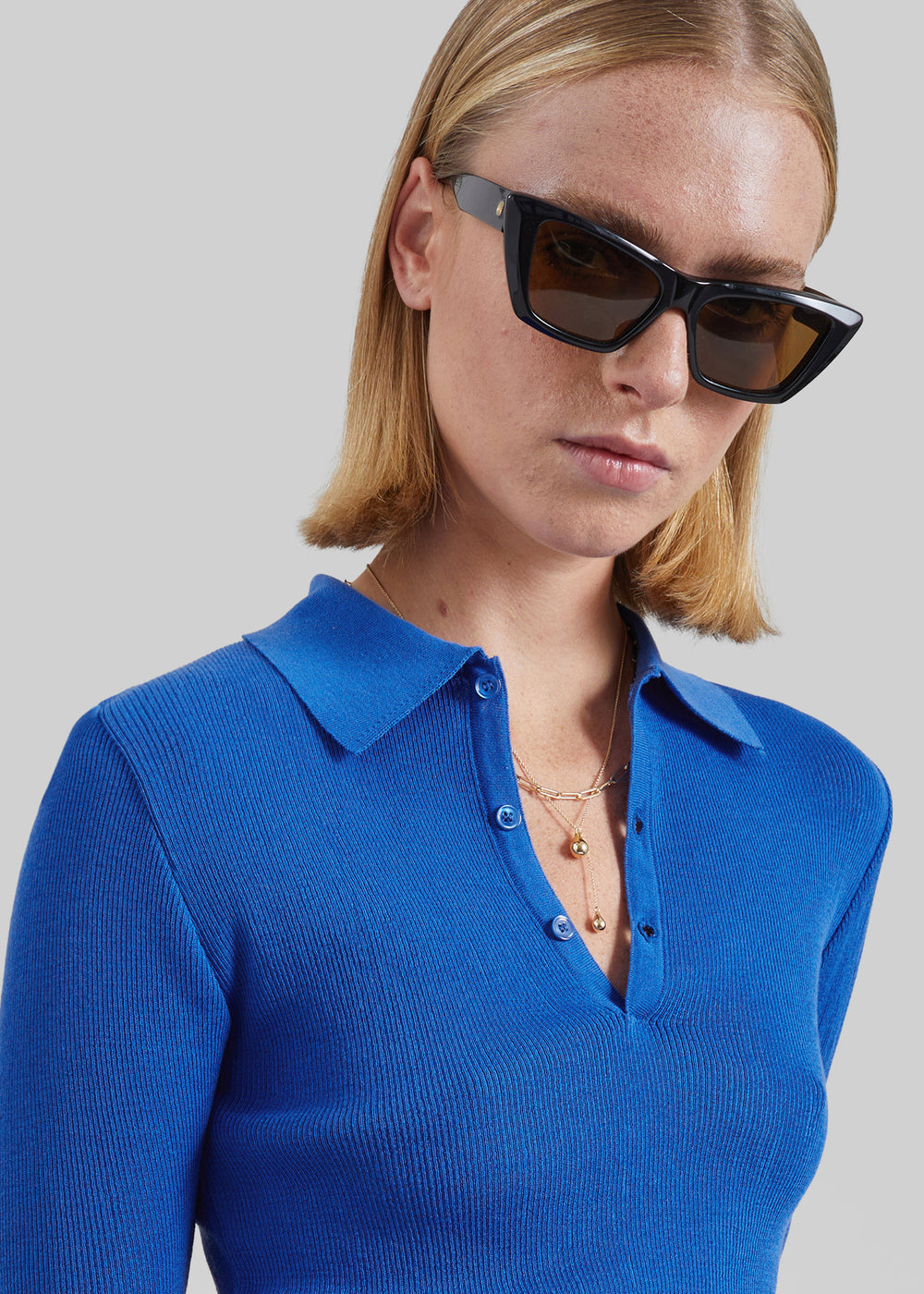 Vally Ribbed Knit Polo Top - Cobalt - 1