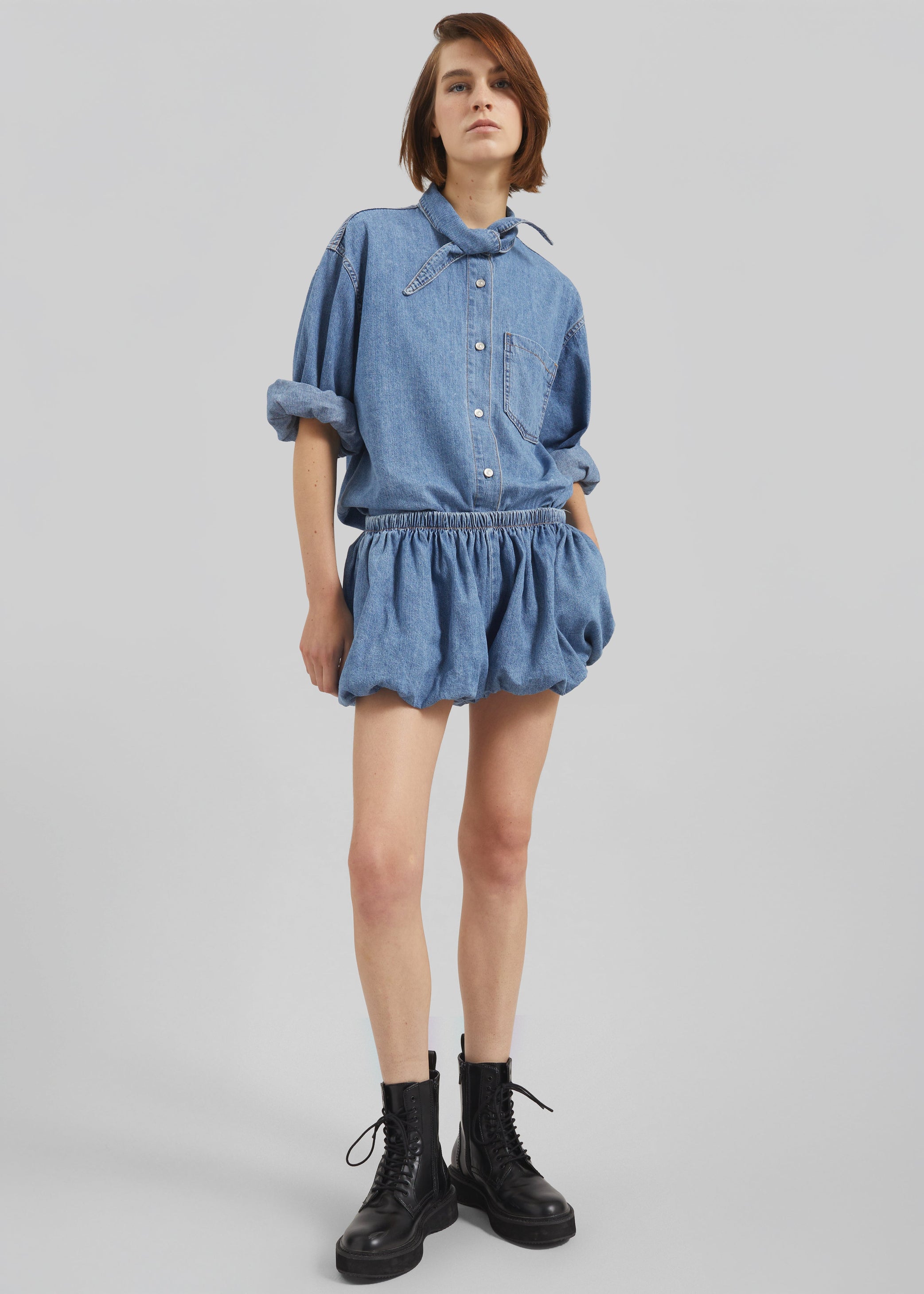Shop the look image for Varzy Denim Bubble-Hem Shorts - Medium Wash