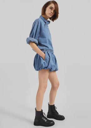 Varzy Denim Bubble-Hem Shorts - Medium Wash