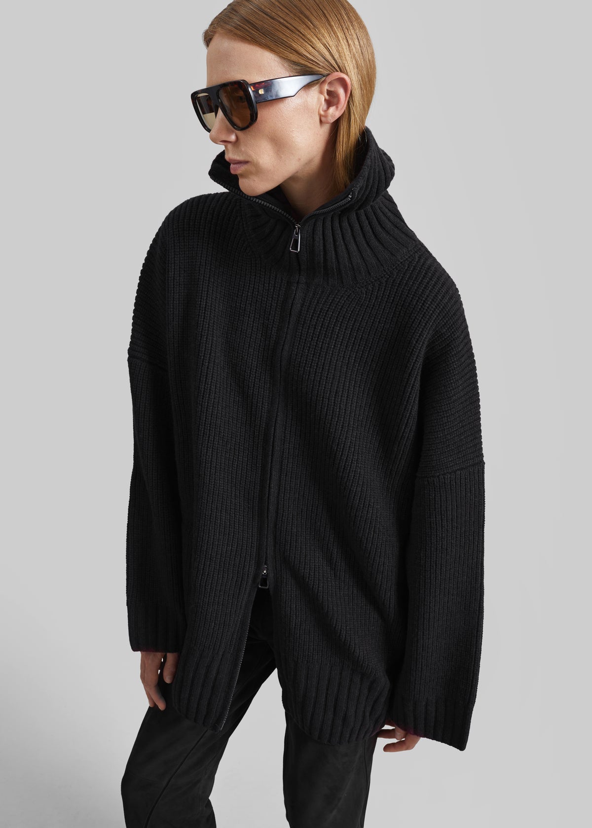 Veda Oversized Zip-Up Cardigan - Black - 1