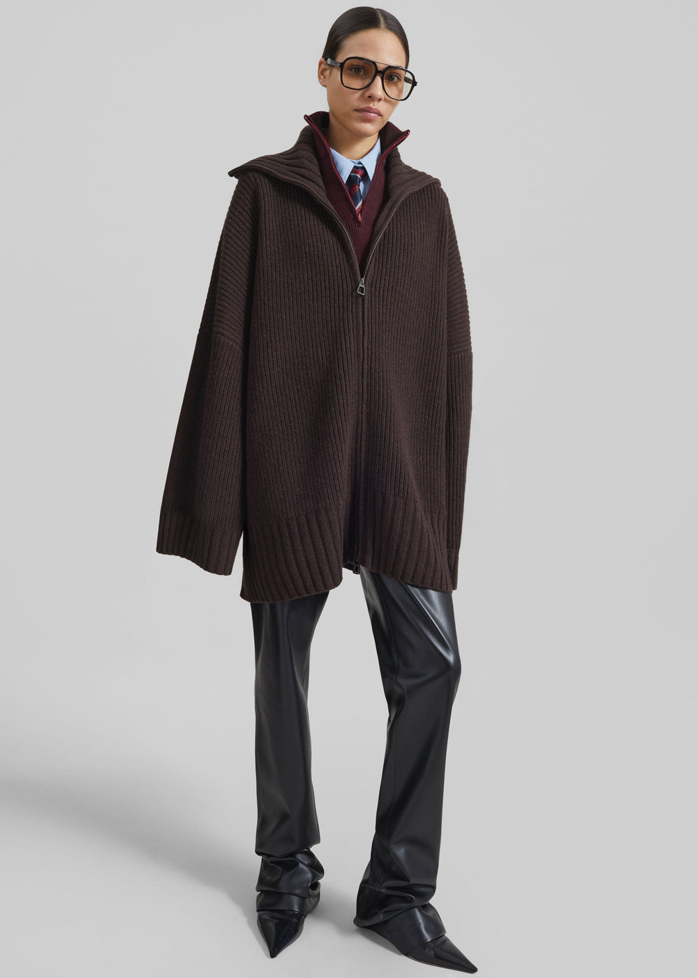 Veda Oversized Zip-Up Cardigan - Brown - 1