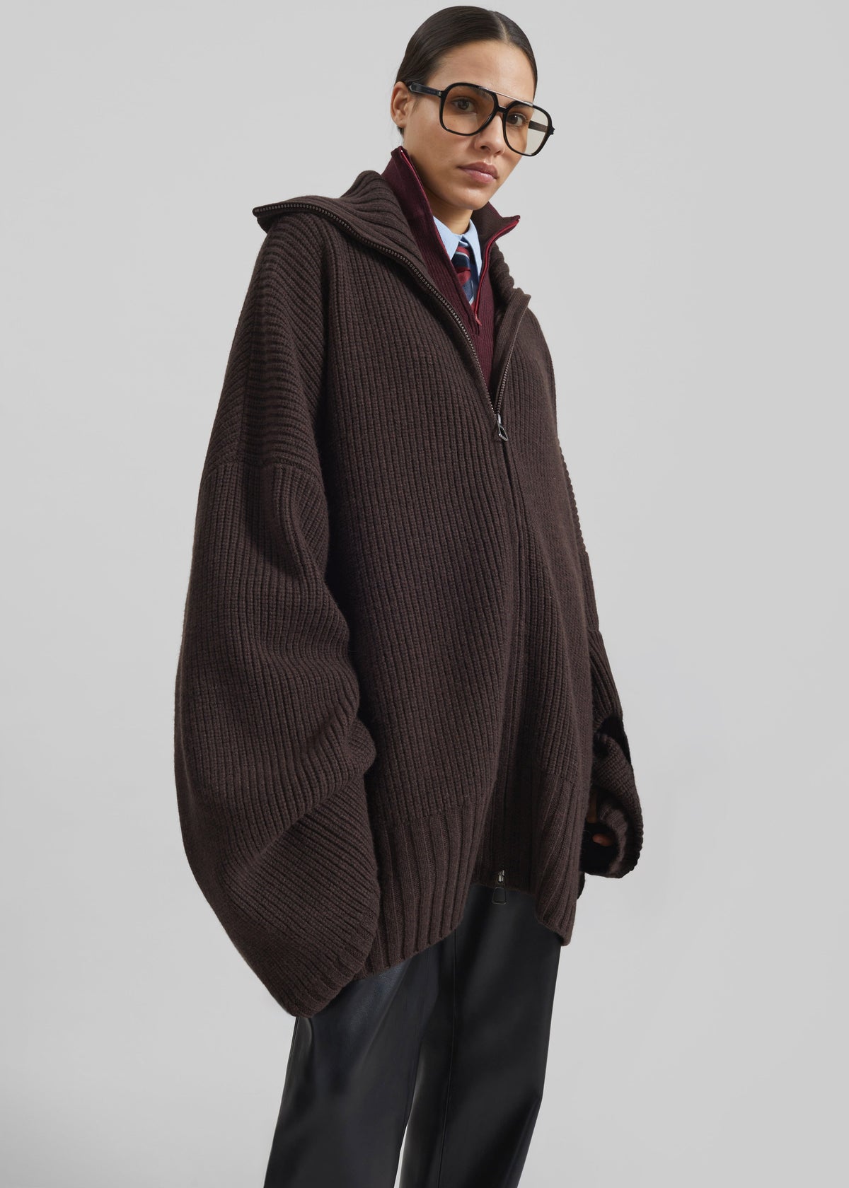 Veda Oversized Zip-Up Cardigan - Brown - 5