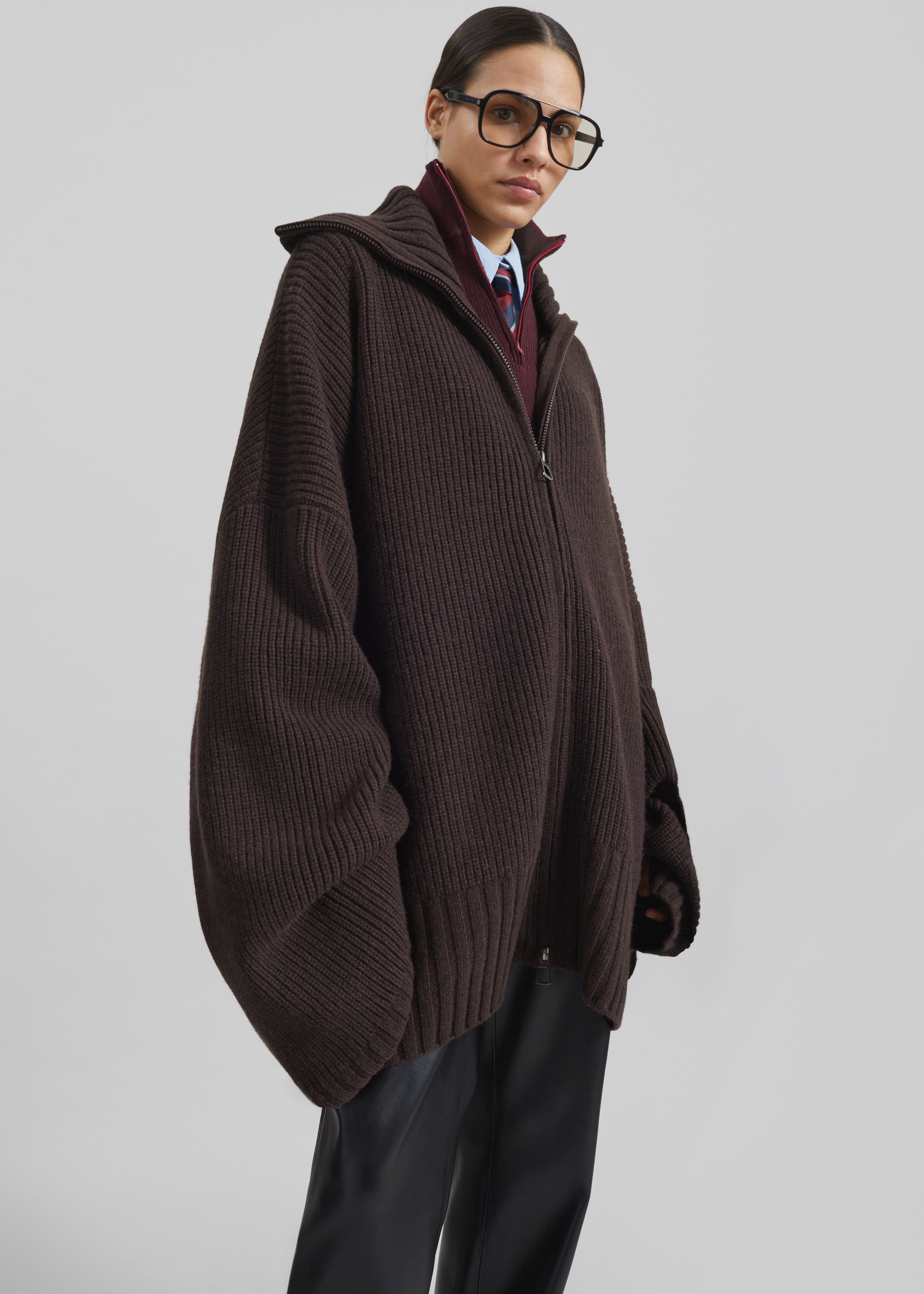 Veda Oversized Zip-Up Cardigan - Brown - 5