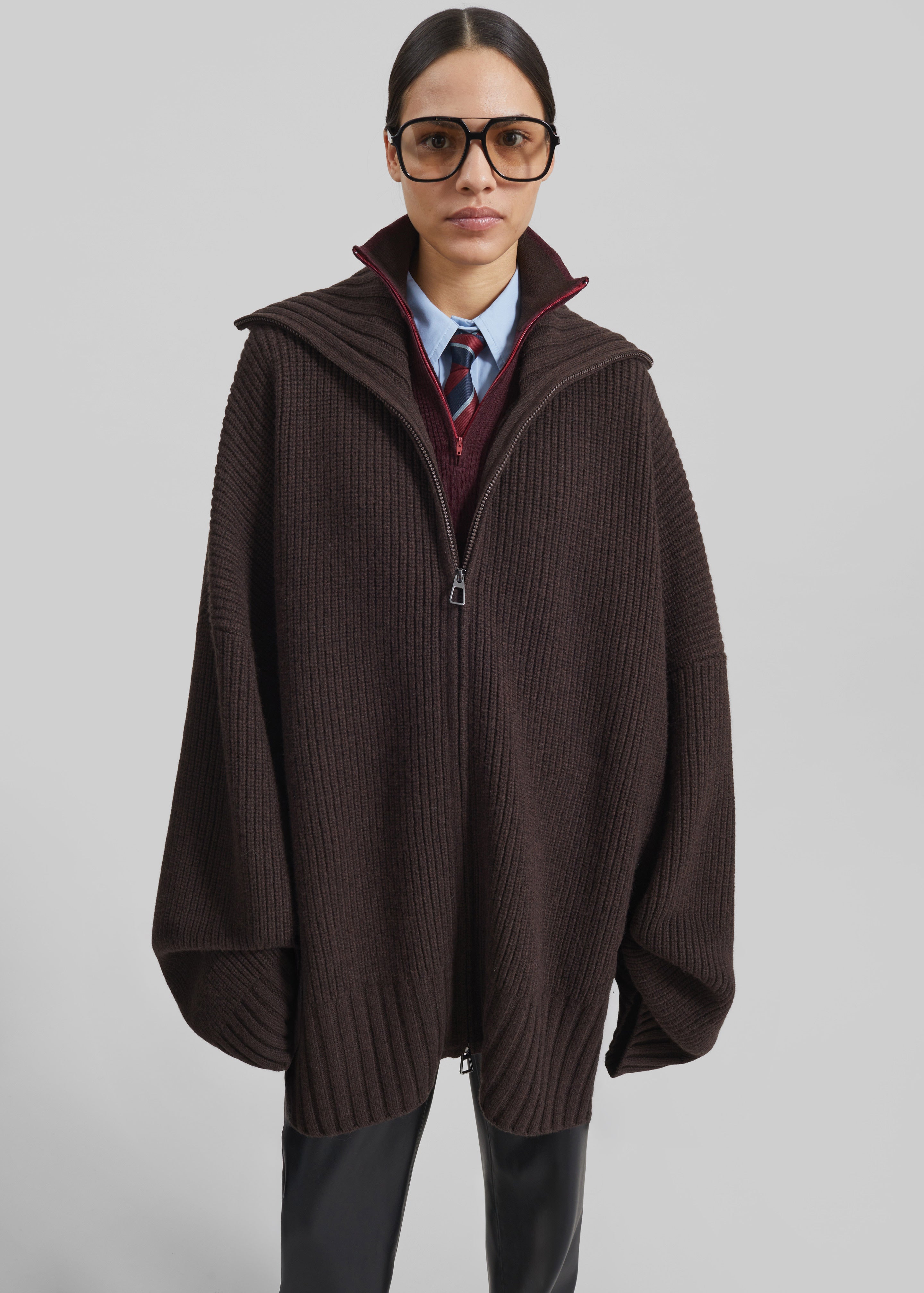 Veda Oversized Zip-Up Cardigan - Brown - 7
