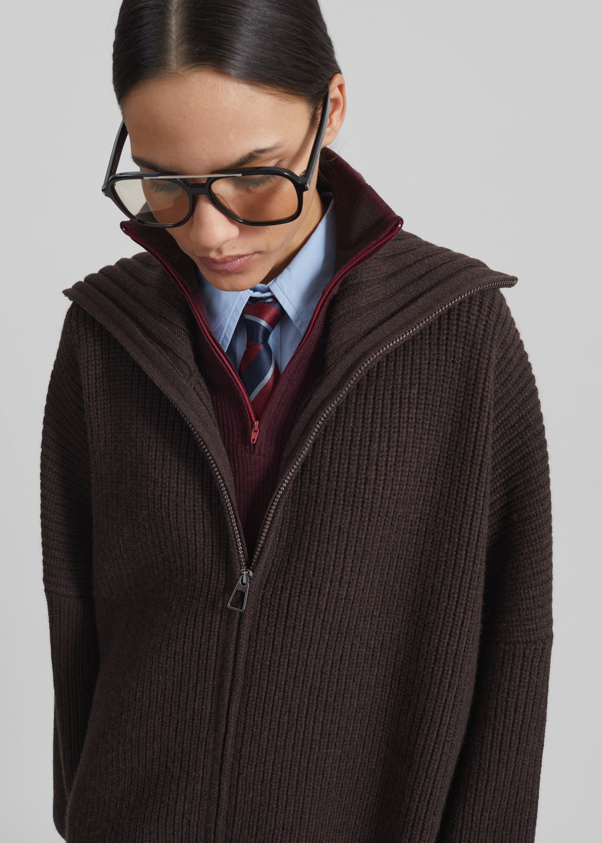 Veda Oversized Zip-Up Cardigan - Brown - 6
