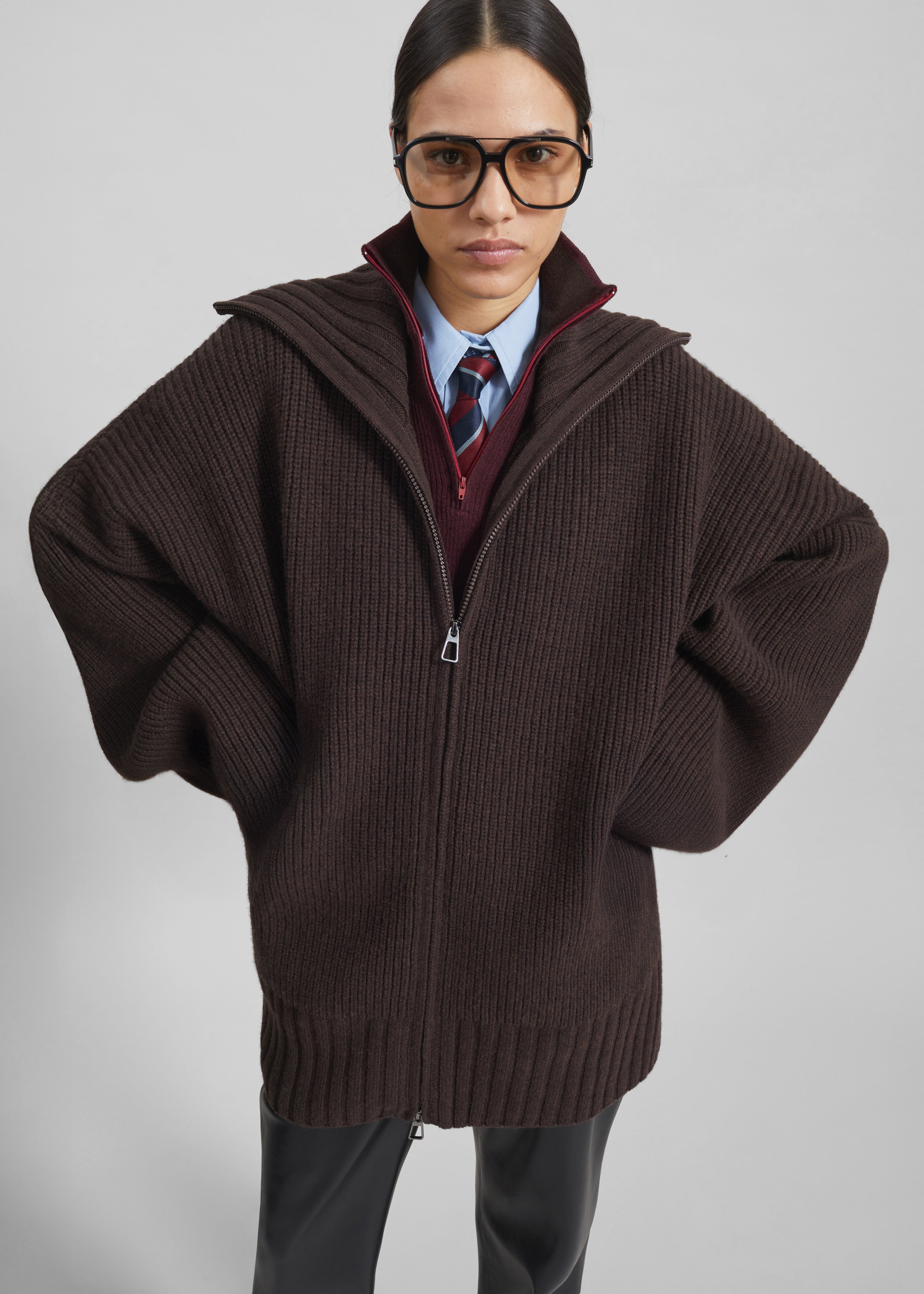 Veda Oversized Zip-Up Cardigan - Brown - 1