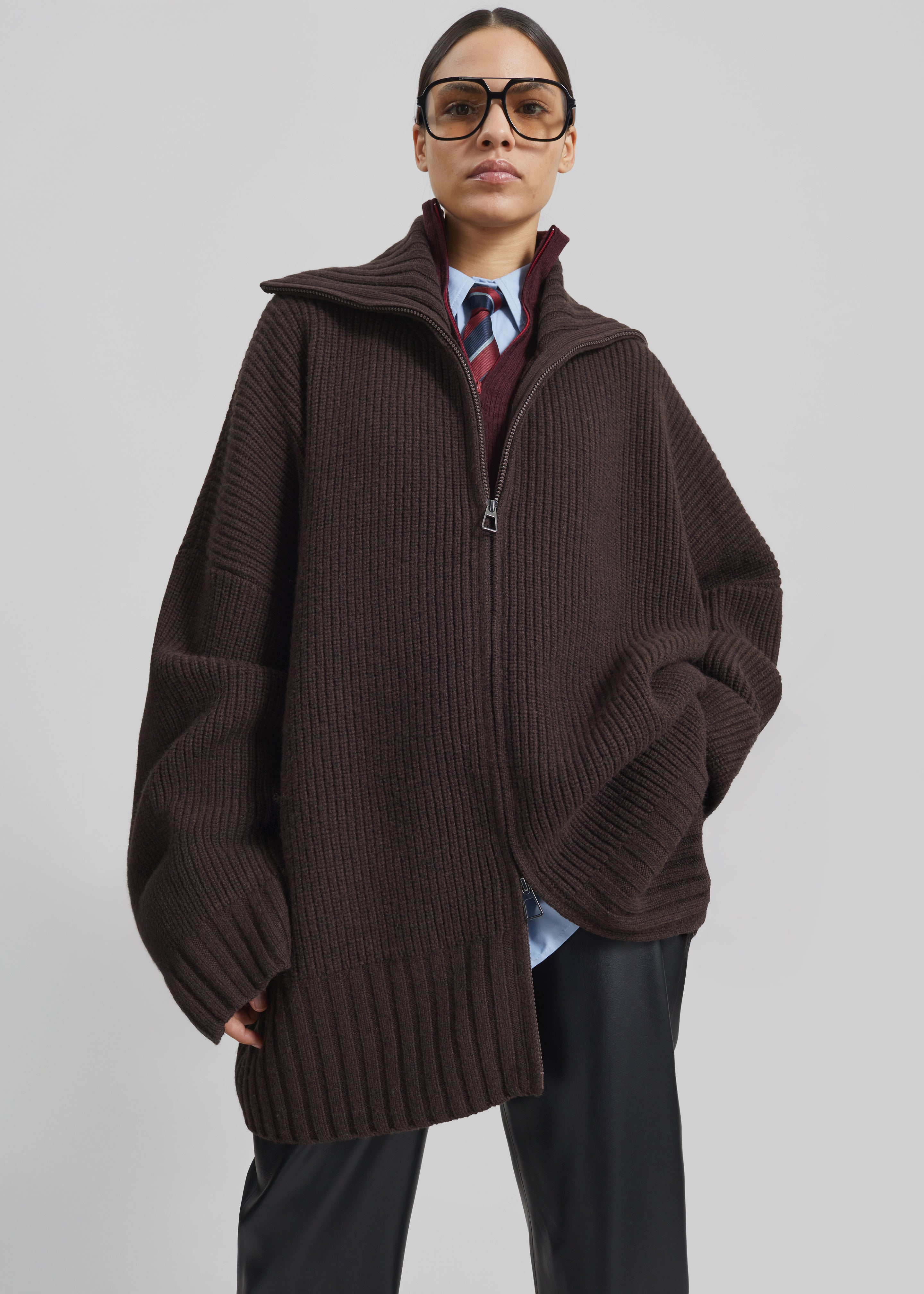 Veda Oversized Zip-Up Cardigan - Brown - 4