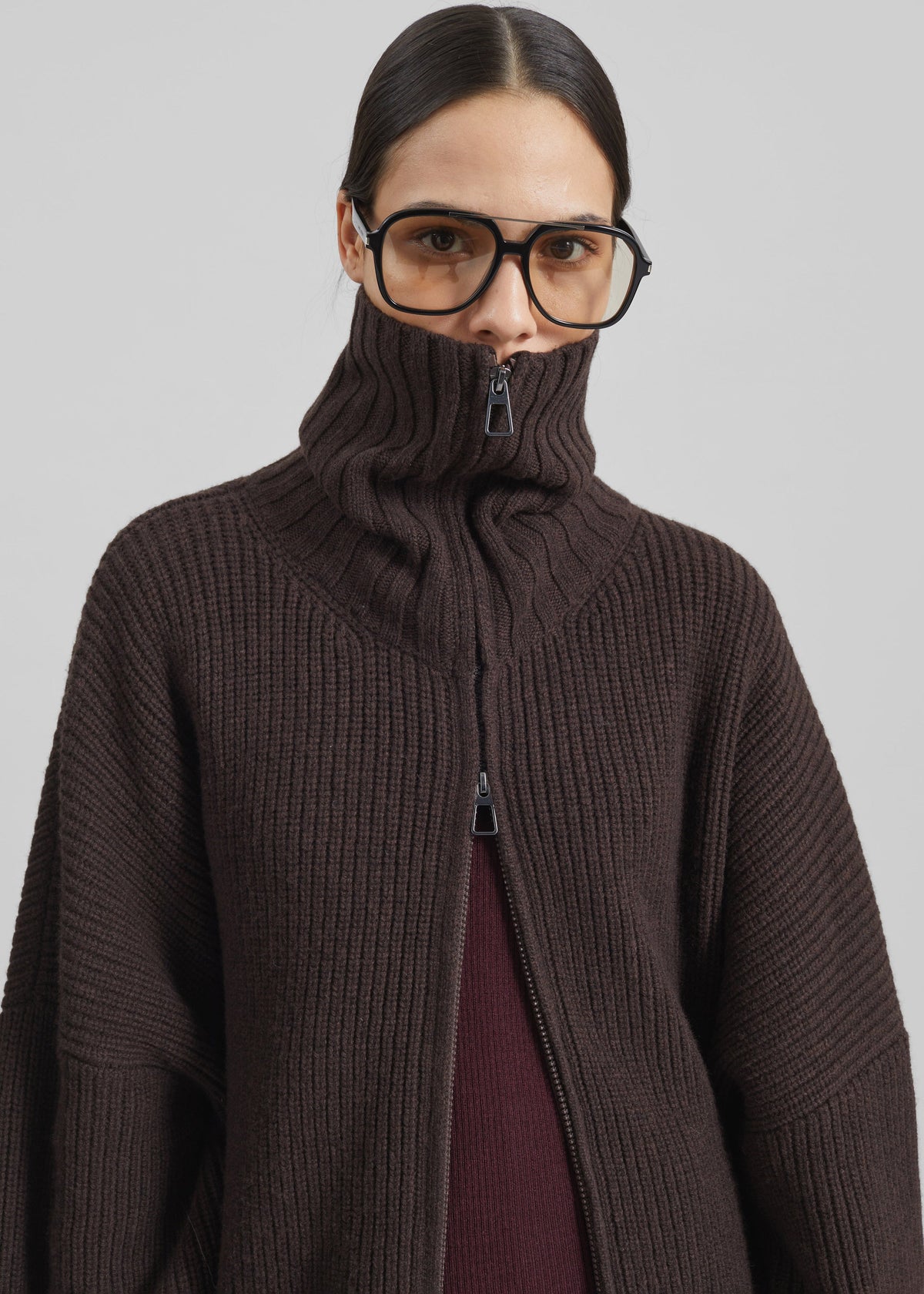 Veda Oversized Zip-Up Cardigan - Brown - 3