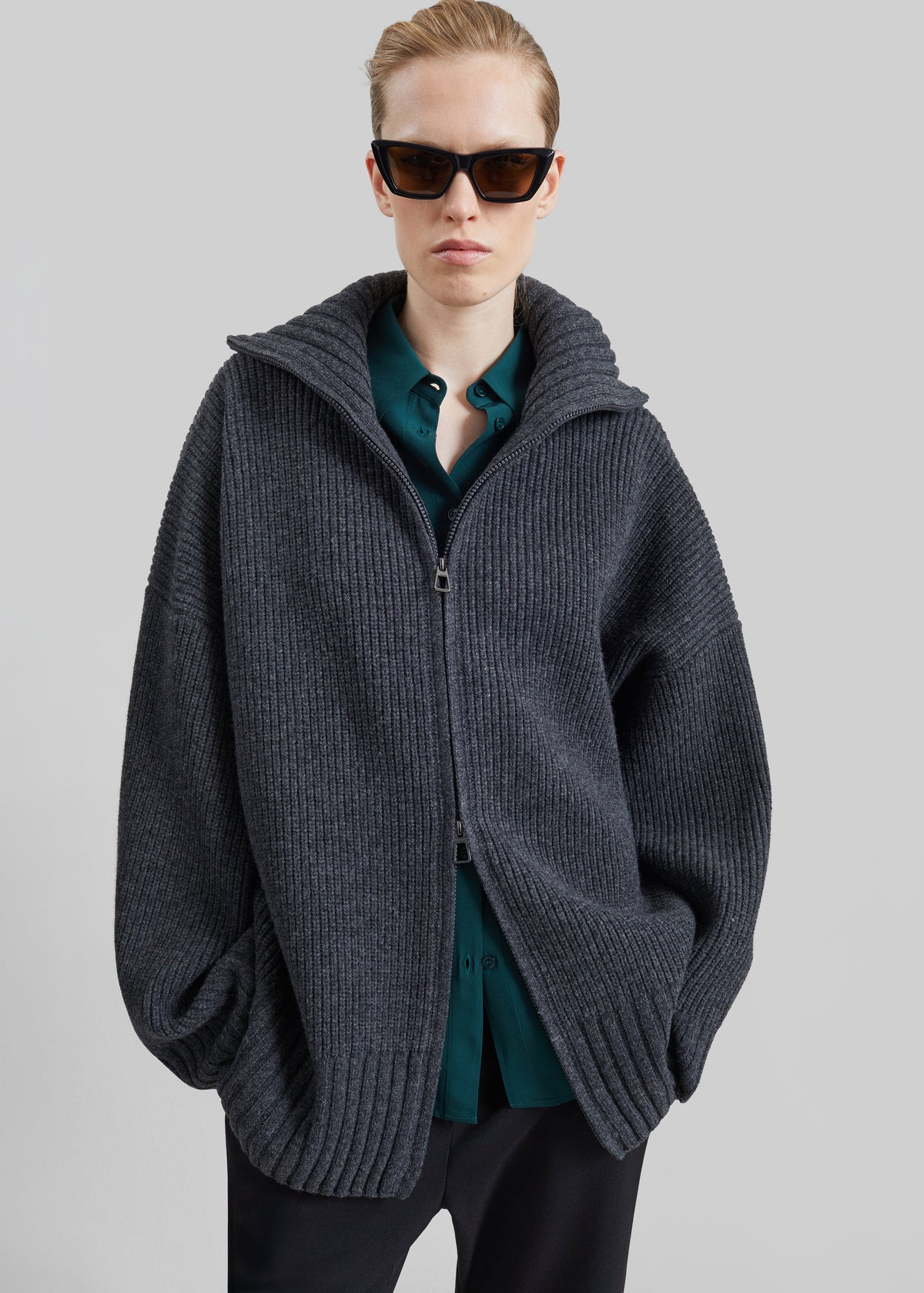 Veda Oversized Zip-Up Cardigan - Charcoal - 5
