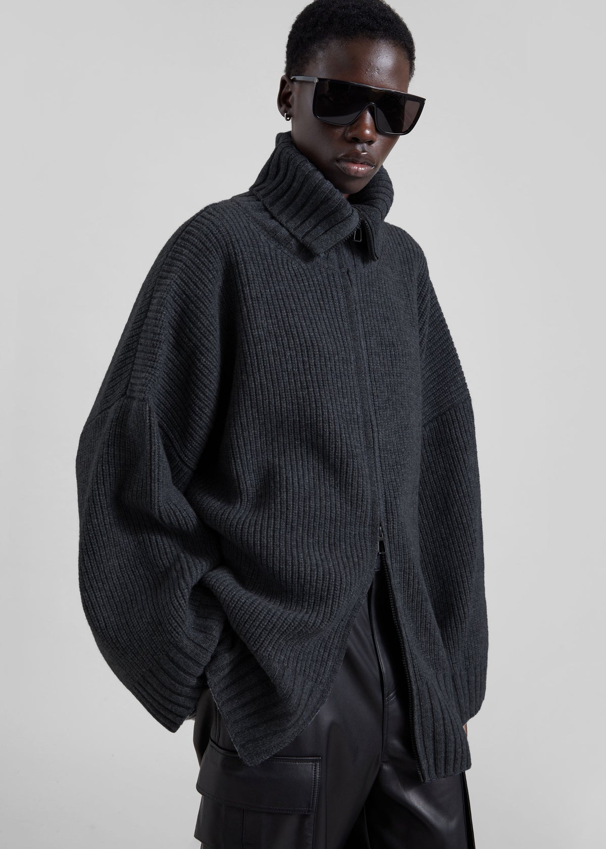 Veda Oversized Zip-Up Cardigan - Charcoal - 1